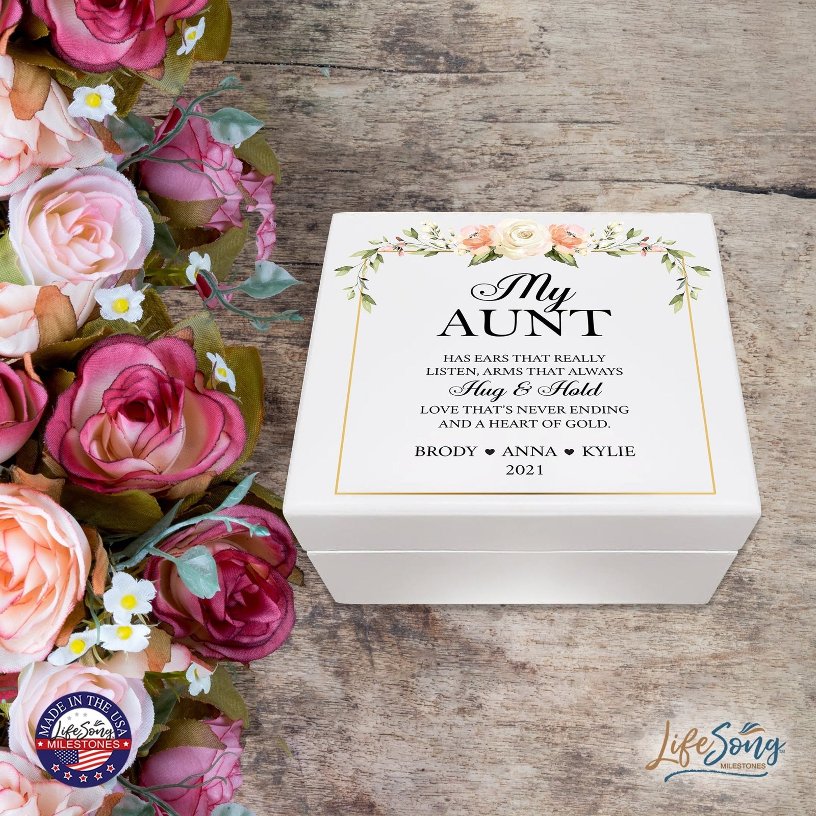 Personalized Memorable Aunt’s White Keepsake Box 6x5.5in with inspiring verse - Hug and Hold - LifeSong Milestones