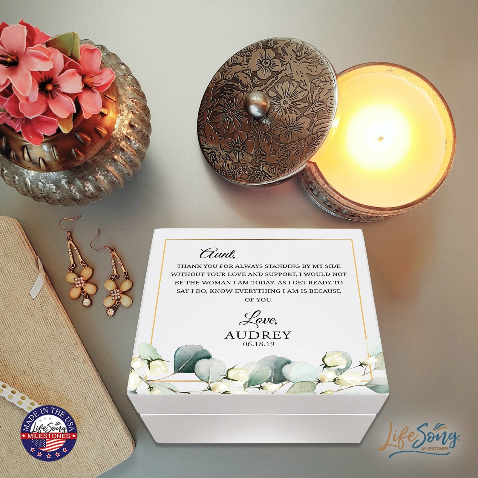 Personalized Memorable Aunt’s White Keepsake Box 6x5.5in with inspiring verse - Thank You - LifeSong Milestones