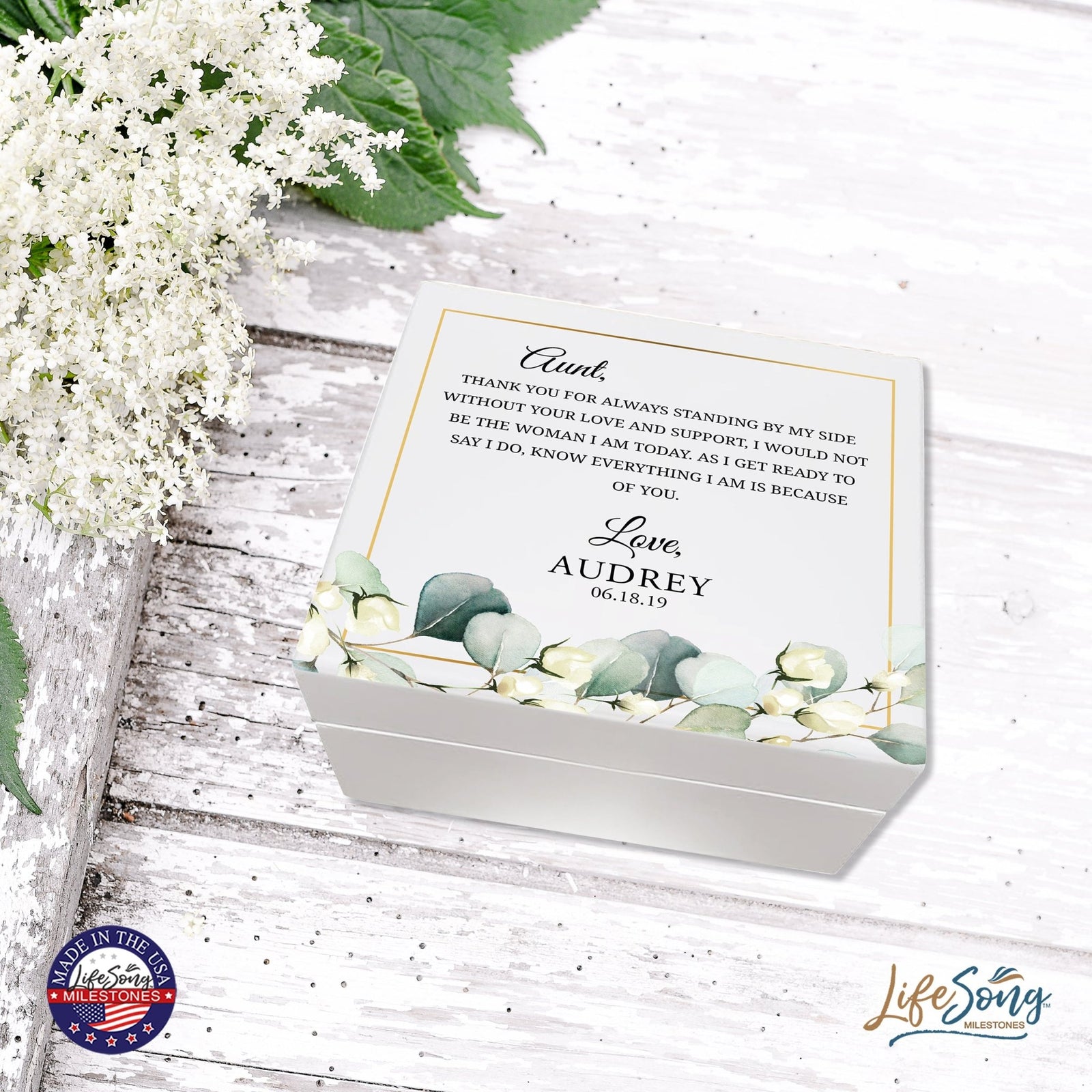 Personalized Memorable Aunt’s White Keepsake Box 6x5.5in with inspiring verse - Thank You - LifeSong Milestones