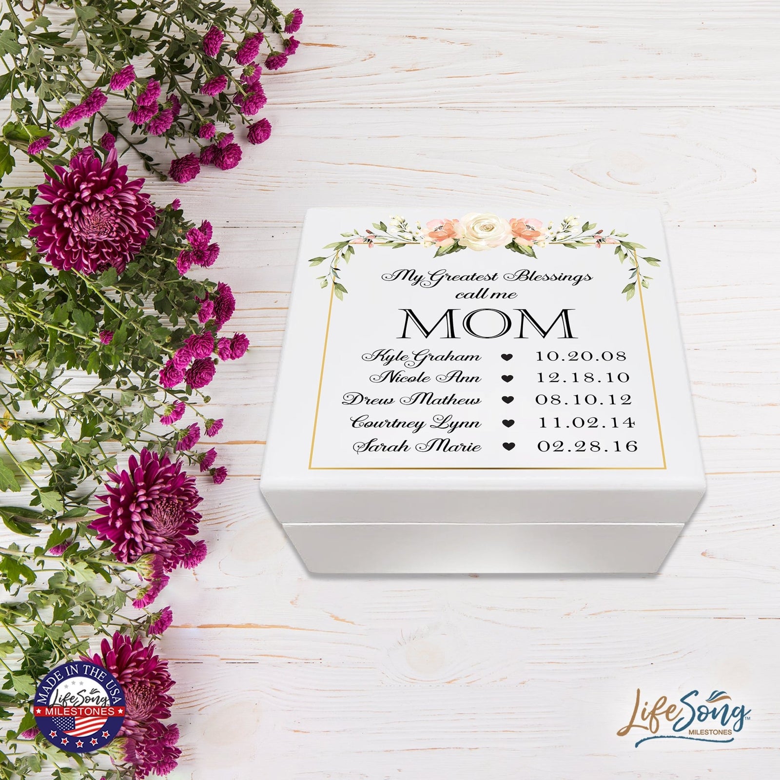 Personalized Memorable Mother’s White Keepsake Box 6x5.5 with inspiring verse - Greatest Blessings - LifeSong Milestones