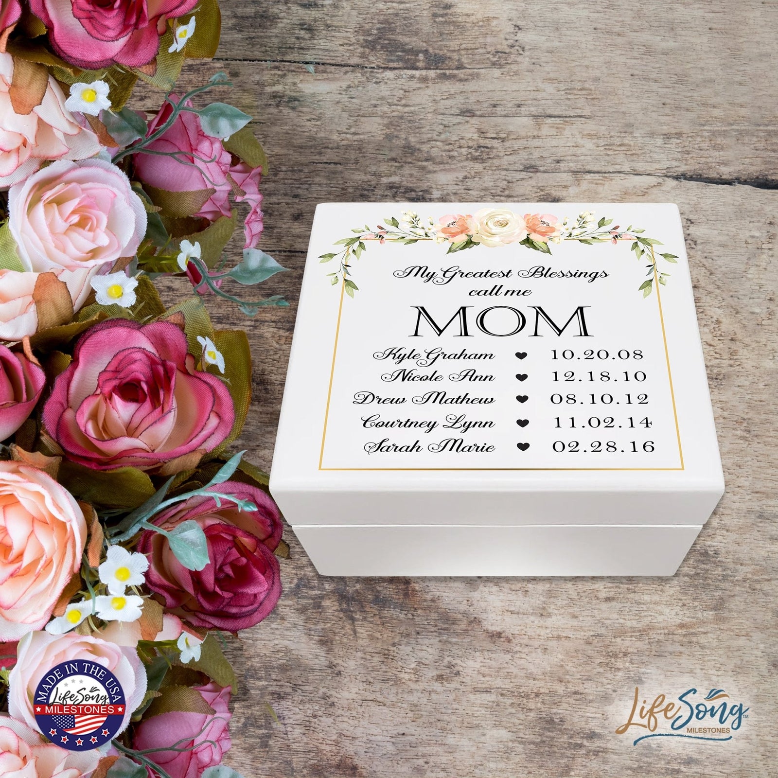 Personalized Memorable Mother’s White Keepsake Box 6x5.5 with inspiring verse - Greatest Blessings - LifeSong Milestones