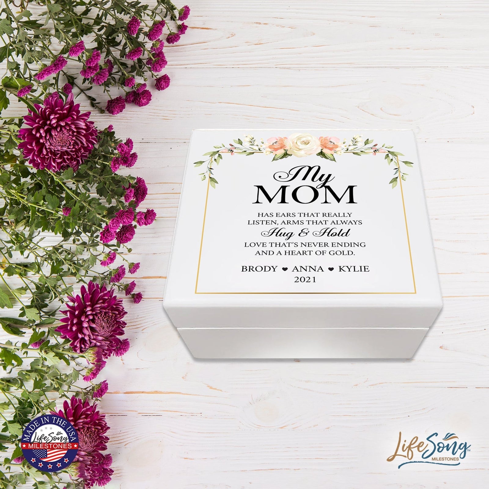 Personalized Memorable Mother’s White Keepsake Box 6x5.5 with inspiring verse - Hug and Hold - LifeSong Milestones