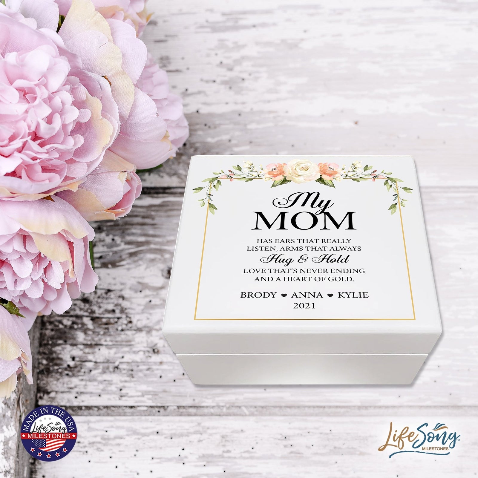 Personalized Memorable Mother’s White Keepsake Box 6x5.5 with inspiring verse - Hug and Hold - LifeSong Milestones