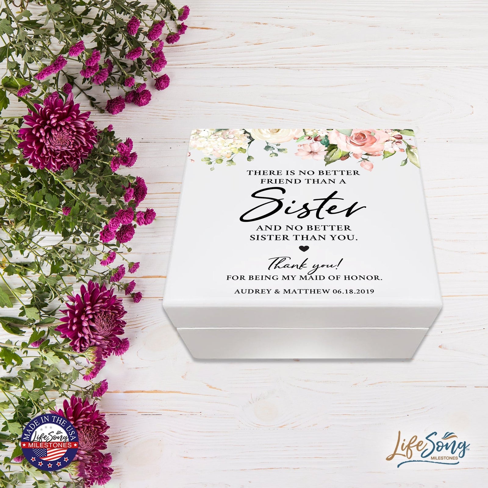 Personalized Memorable Sister’s White Keepsake Box 6x5.5 with inspiring verse - No Better Friend - LifeSong Milestones