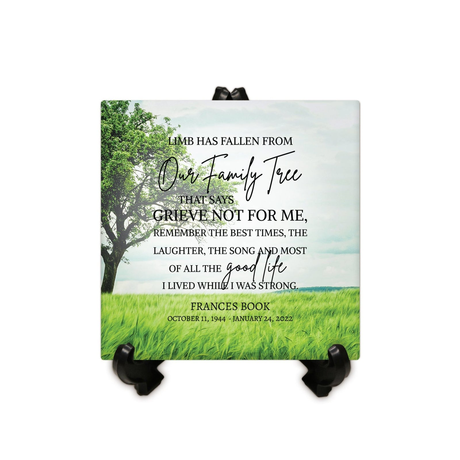 Personalized Memorial Ceramic Trivet with Stand for Home Decor - A Limb Has Fallen - LifeSong Milestones