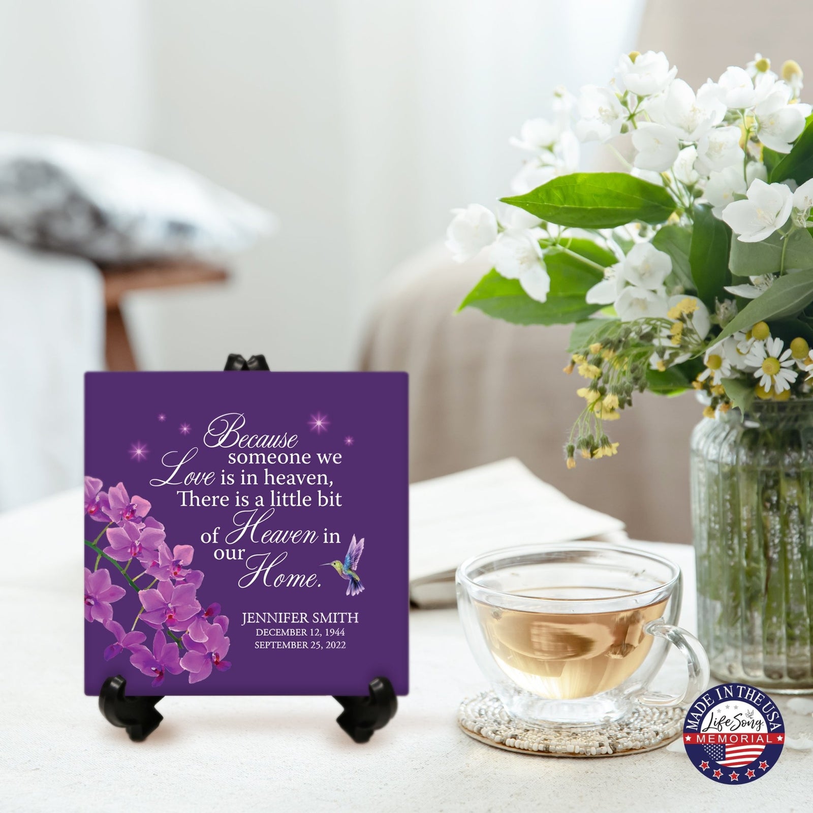 Personalized Memorial Ceramic Trivet with Stand for Home Decor - Because Someone We Love - LifeSong Milestones