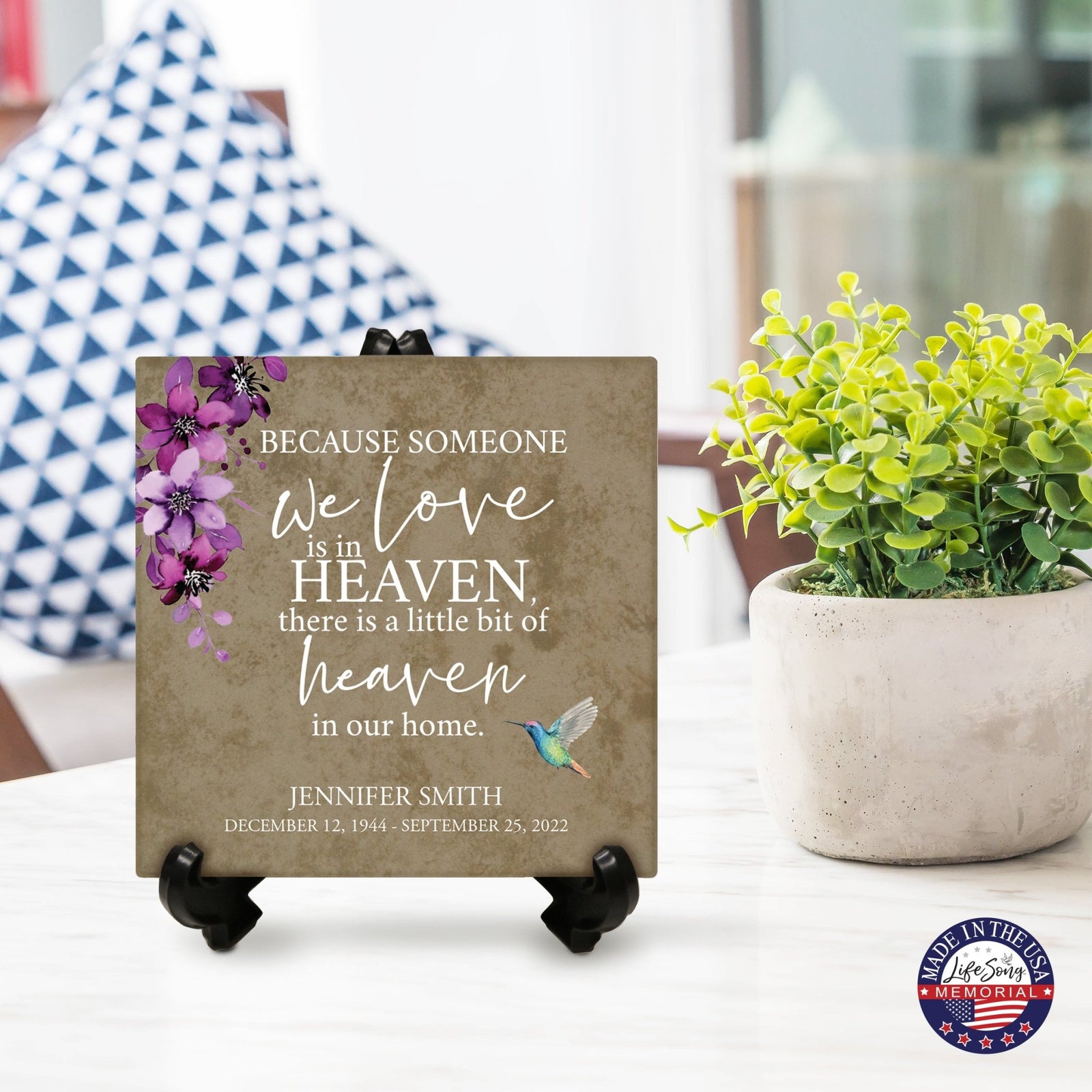 Personalized Memorial Ceramic Trivet with Stand for Home Decor - Because Someone We Love - LifeSong Milestones