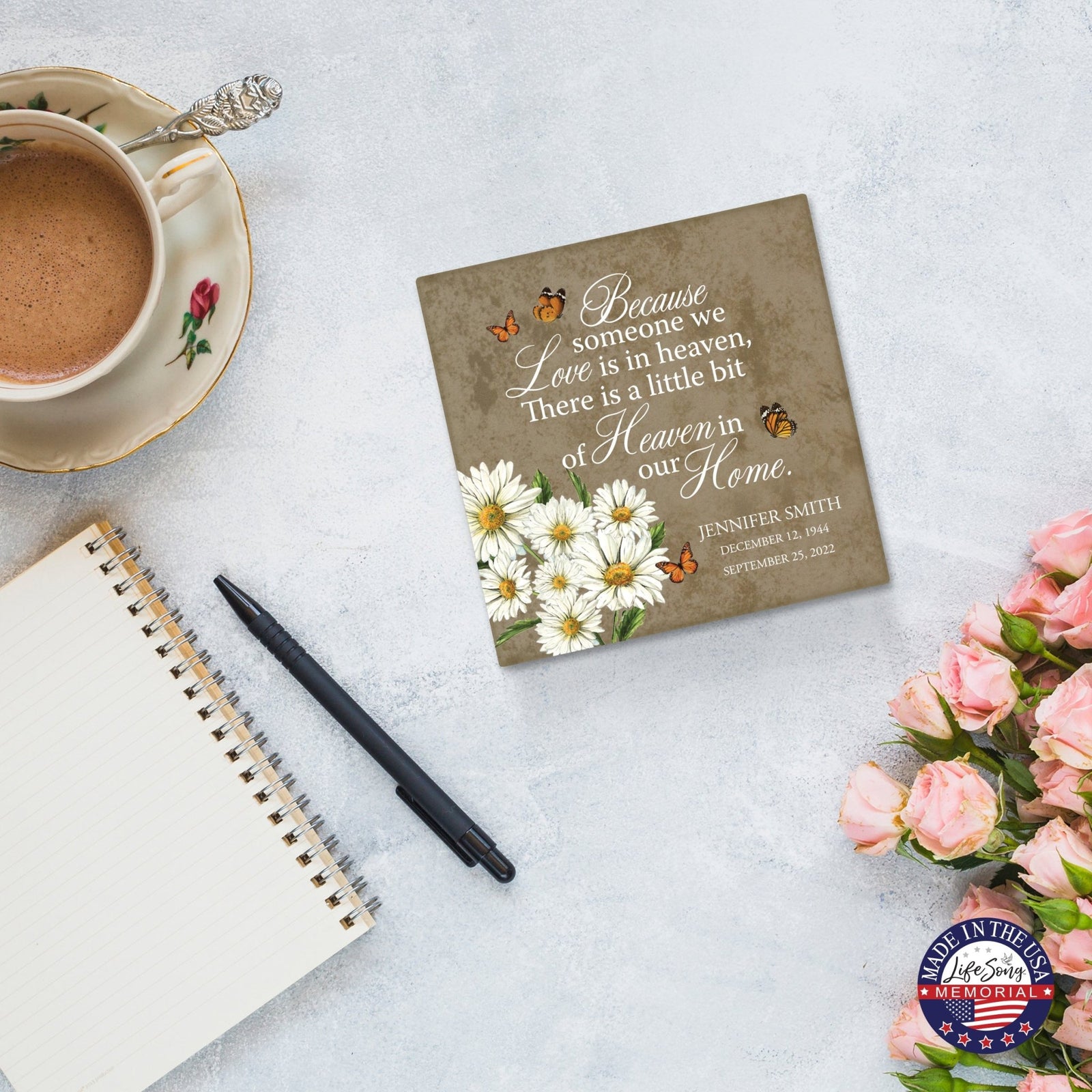 Personalized Memorial Ceramic Trivet with Stand for Home Decor - Because Someone We Love - LifeSong Milestones