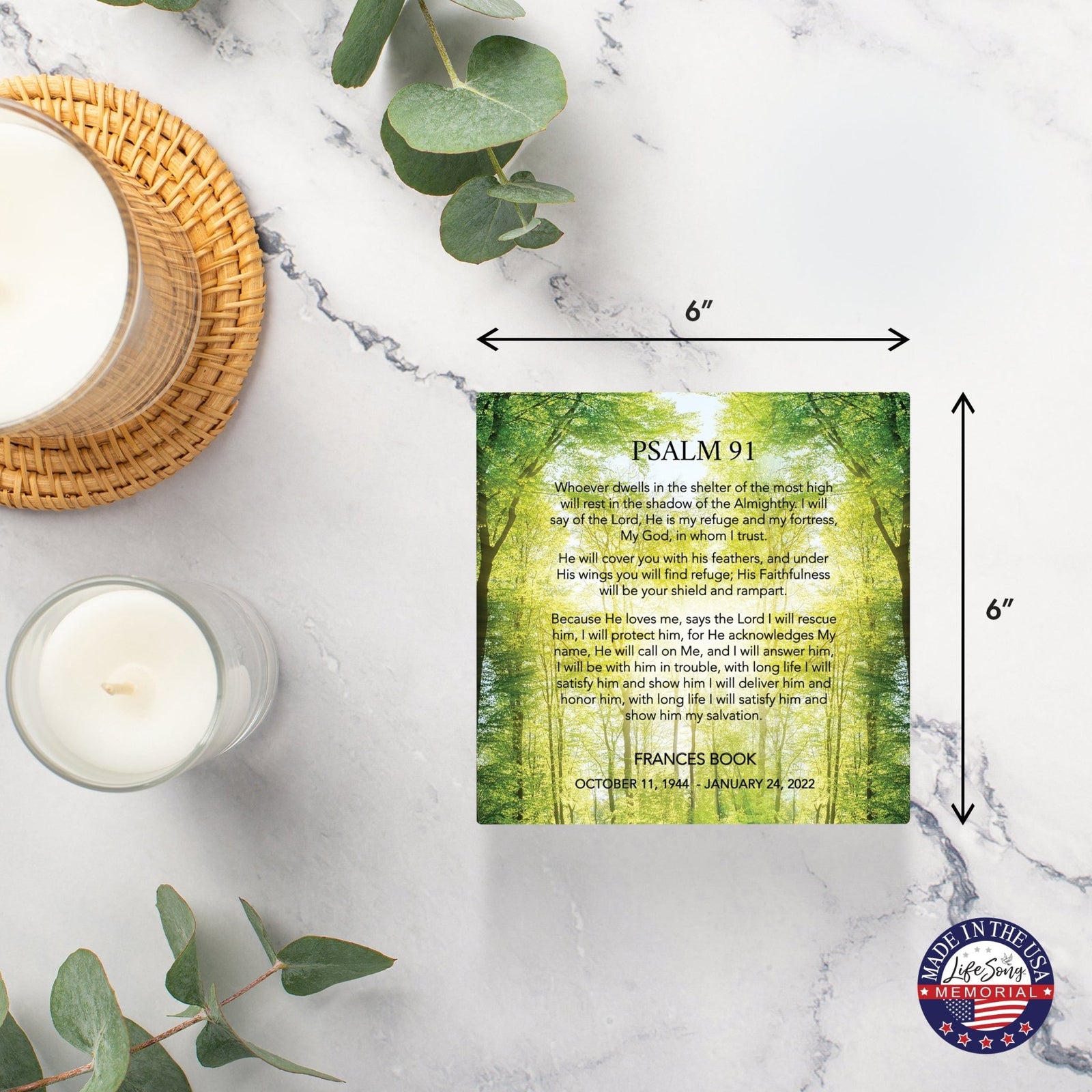 Personalized Memorial Ceramic Trivet with Stand for Home Decor - Psalm 91 - LifeSong Milestones