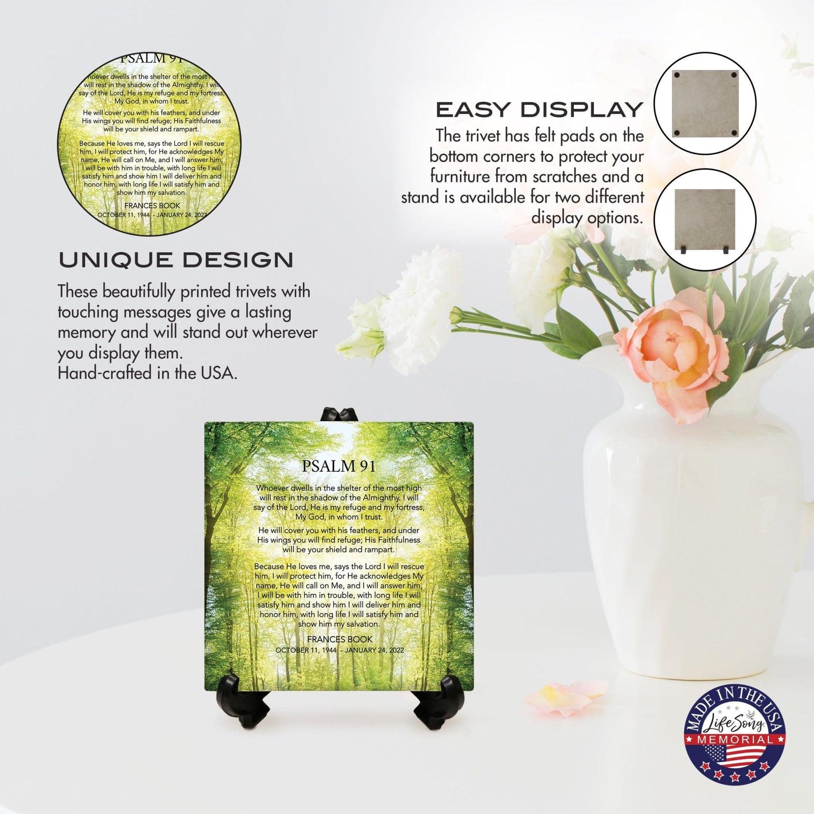 Personalized Memorial Ceramic Trivet with Stand for Home Decor - Psalm 91 - LifeSong Milestones