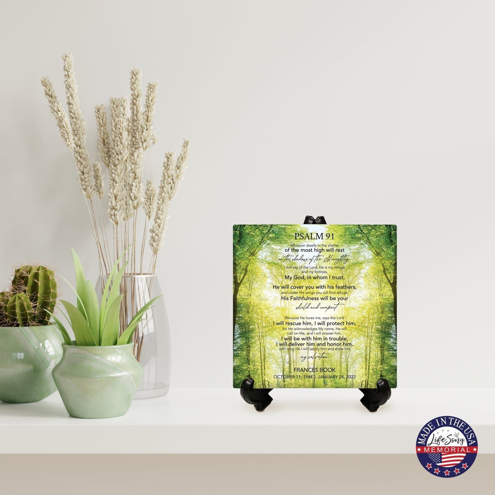 Personalized Memorial Ceramic Trivet with Stand for Home Decor - Psalm 91 - LifeSong Milestones