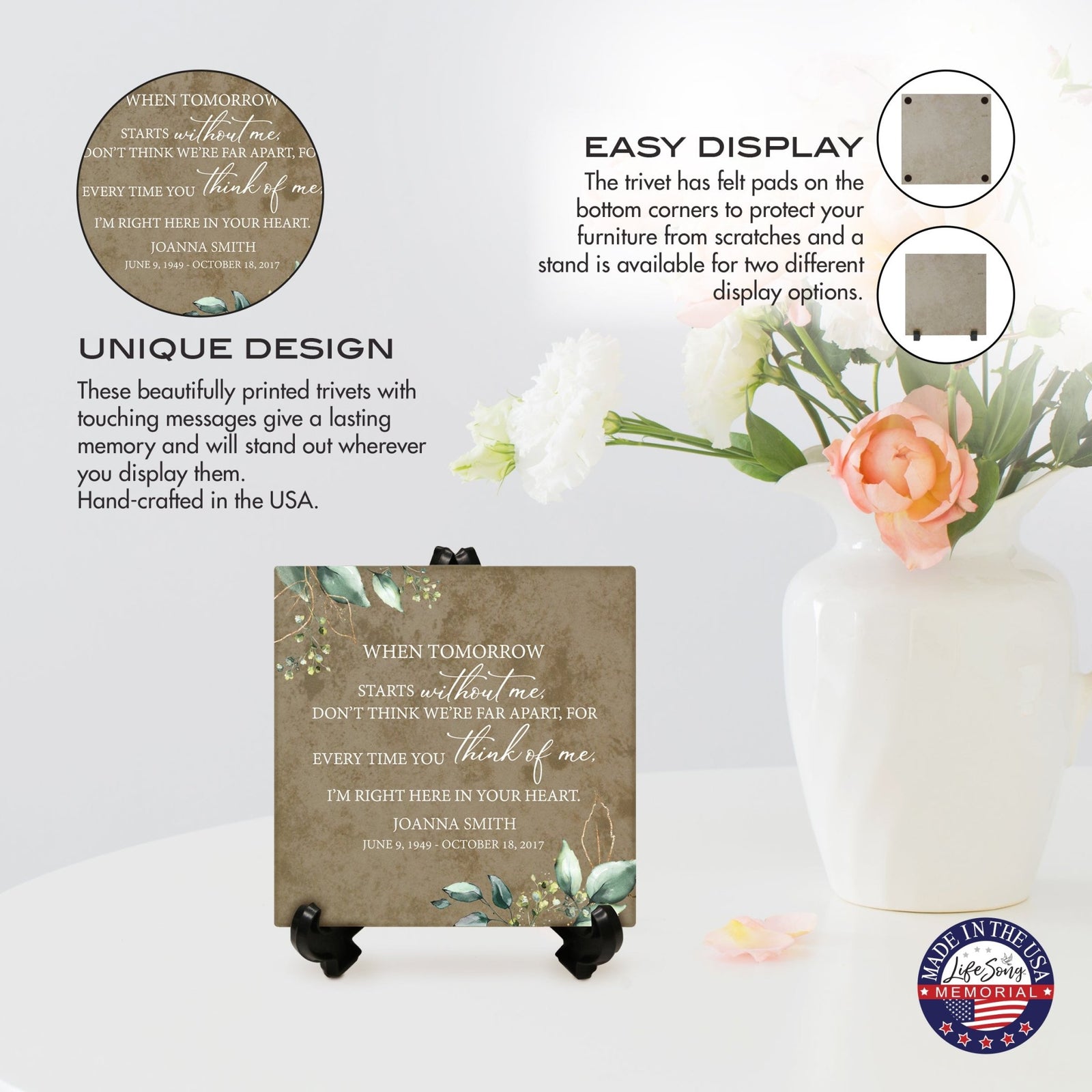 Personalized Memorial Ceramic Trivet with Stand for Home Decor - When Tomorrow Starts - LifeSong Milestones