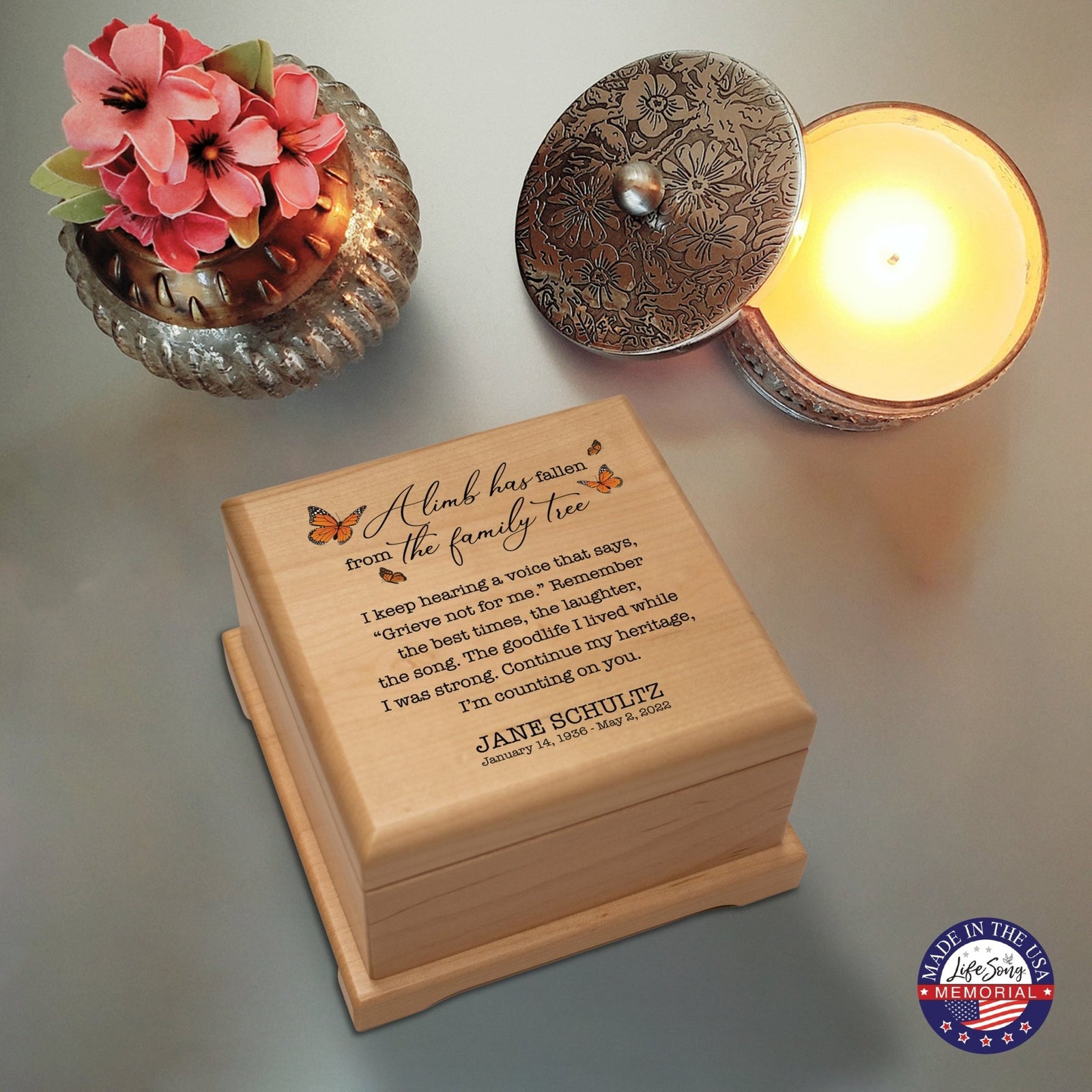 Personalized Memorial Cremation Wooden Keepsake Urn For Human Ashes - A Limb Has fallen - LifeSong Milestones