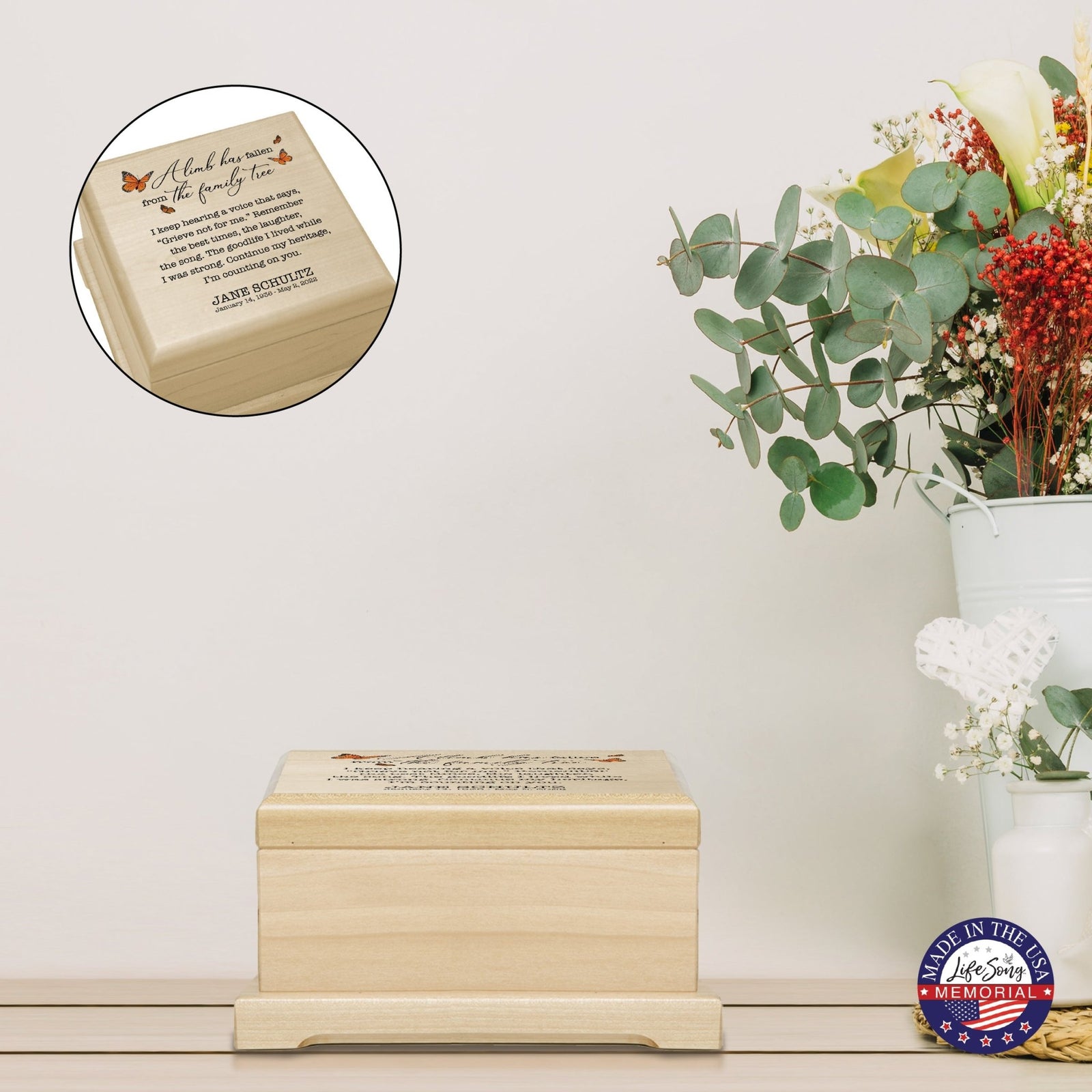 Personalized Memorial Cremation Wooden Keepsake Urn For Human Ashes - A Limb Has fallen - LifeSong Milestones