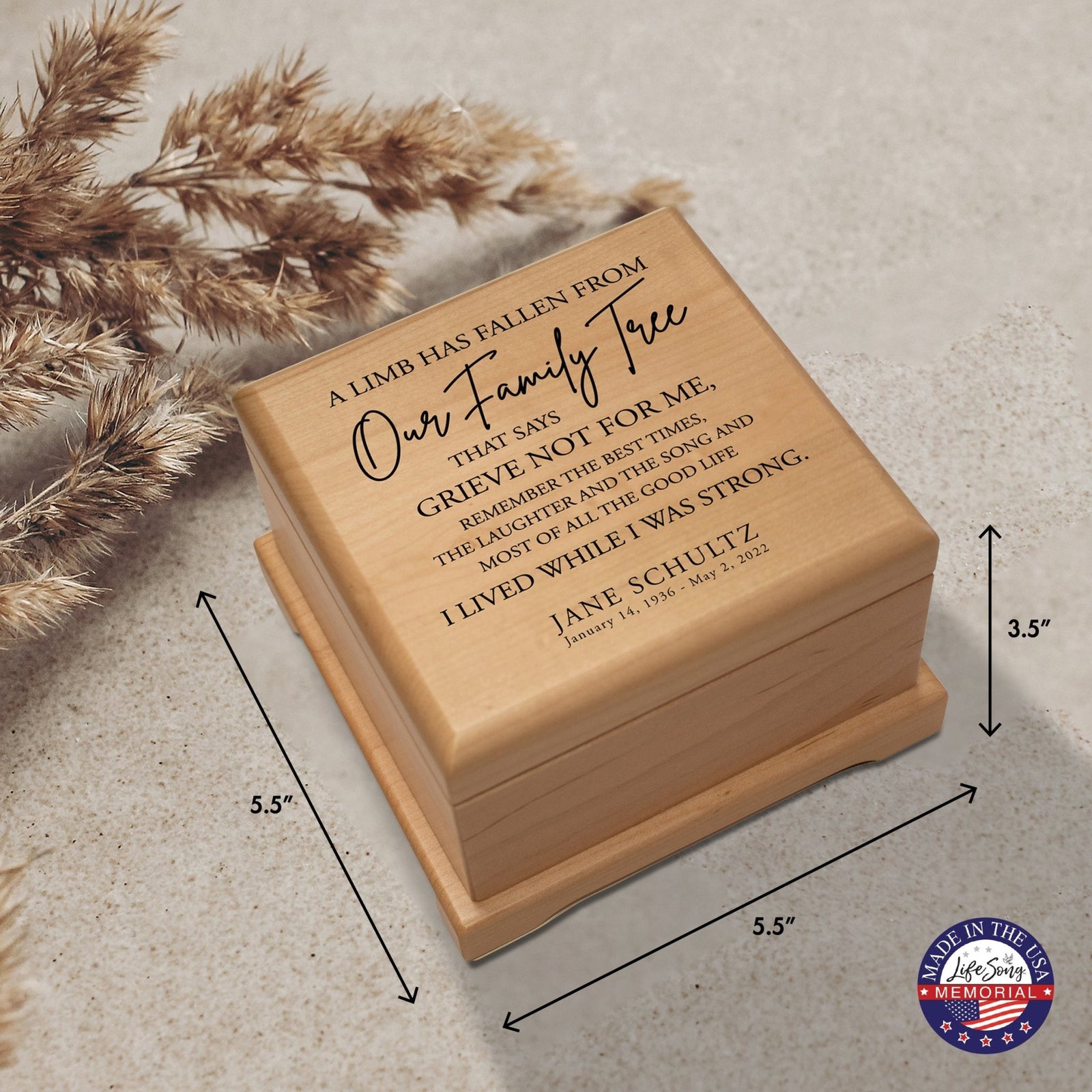 Personalized Memorial Cremation Wooden Keepsake Urn For Human Ashes - A Limb Has fallen - LifeSong Milestones
