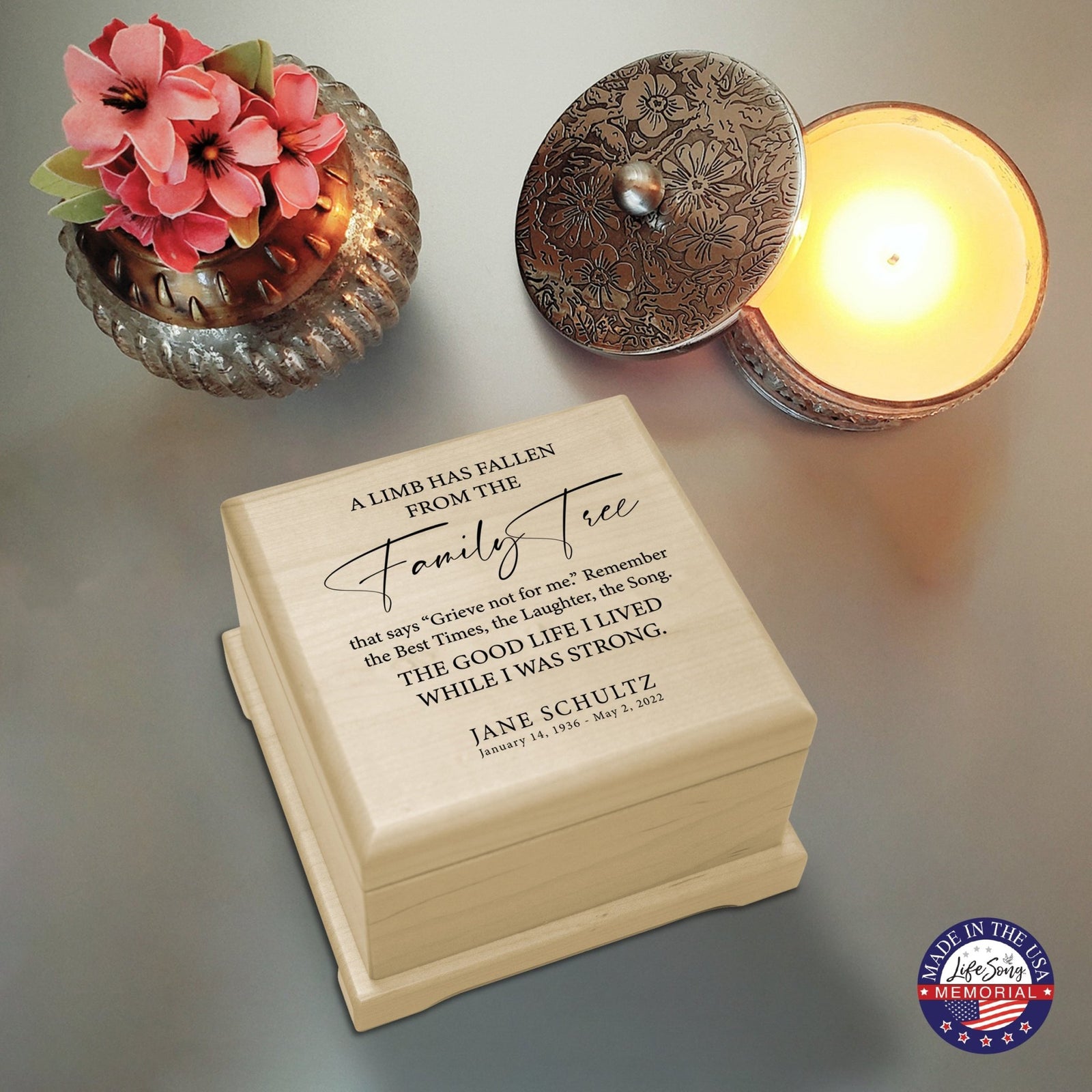 Personalized Memorial Cremation Wooden Keepsake Urn For Human Ashes - A Limb Has fallen - LifeSong Milestones
