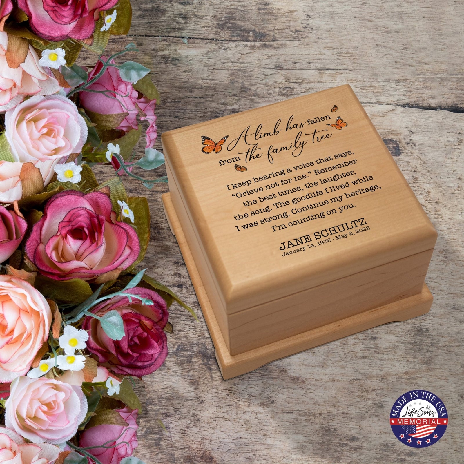 Personalized Memorial Cremation Wooden Keepsake Urn For Human Ashes - A Limb Has fallen - LifeSong Milestones