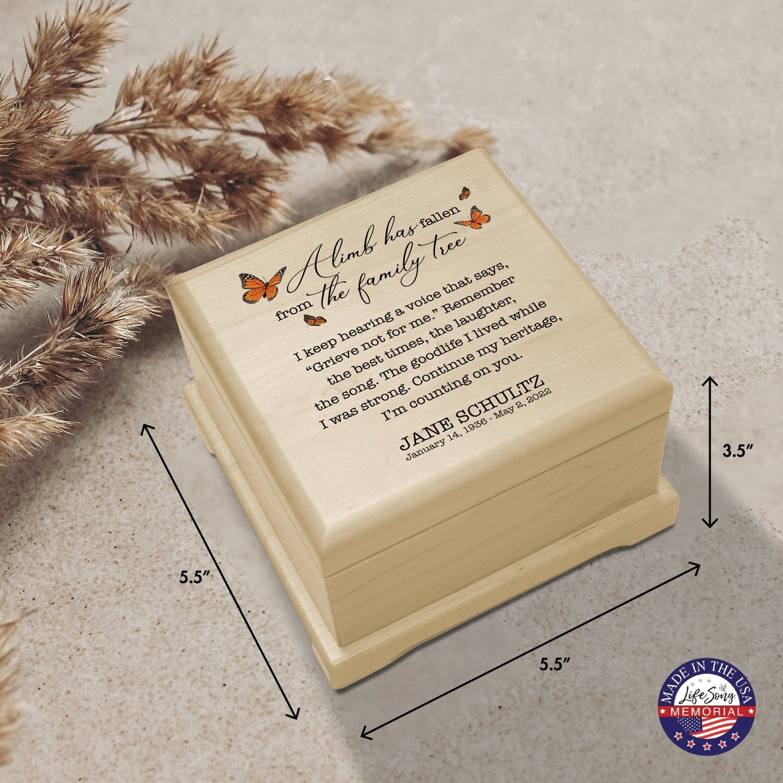 Personalized Memorial Cremation Wooden Keepsake Urn For Human Ashes - A Limb Has fallen - LifeSong Milestones