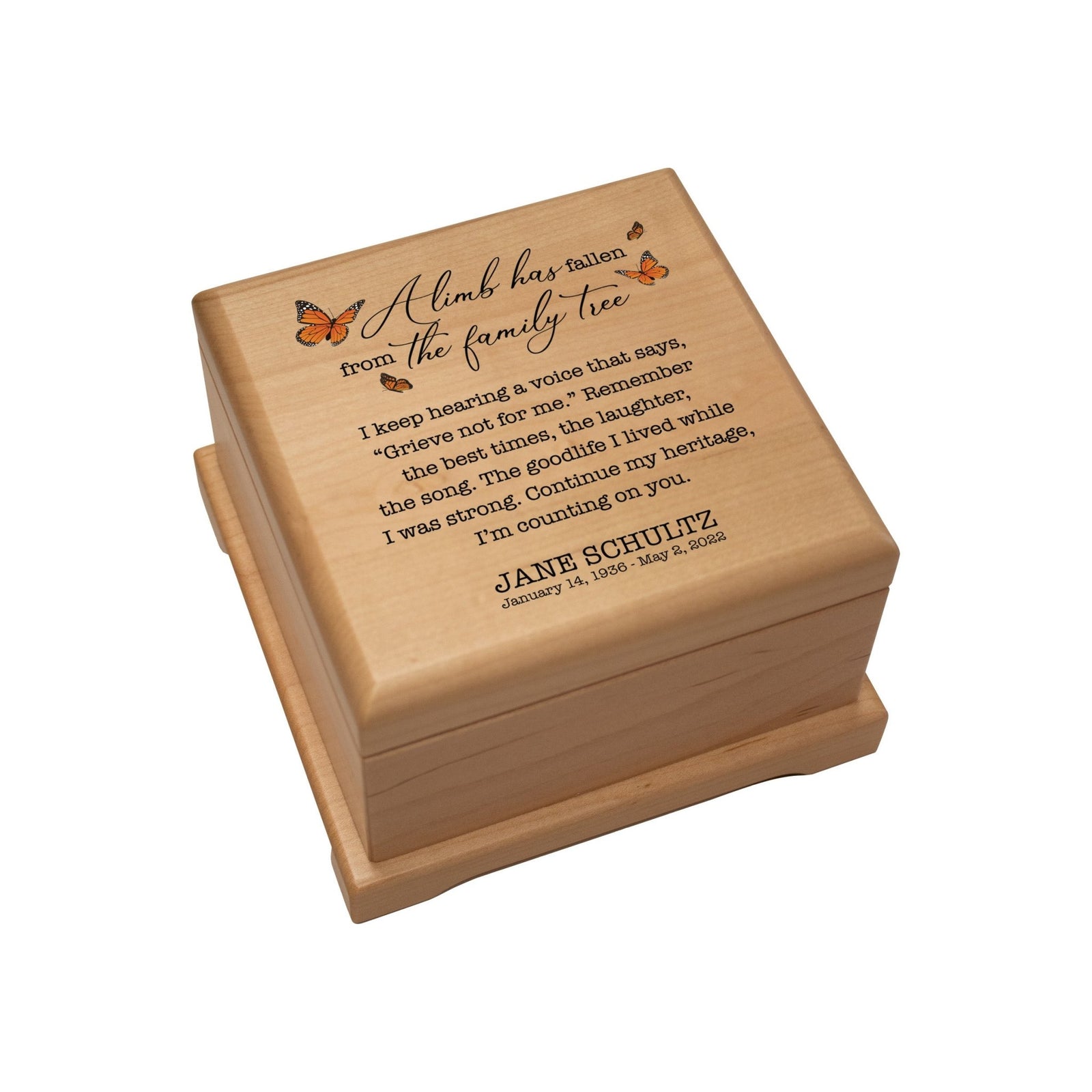 Personalized Memorial Cremation Wooden Keepsake Urn For Human Ashes - A Limb Has fallen - LifeSong Milestones