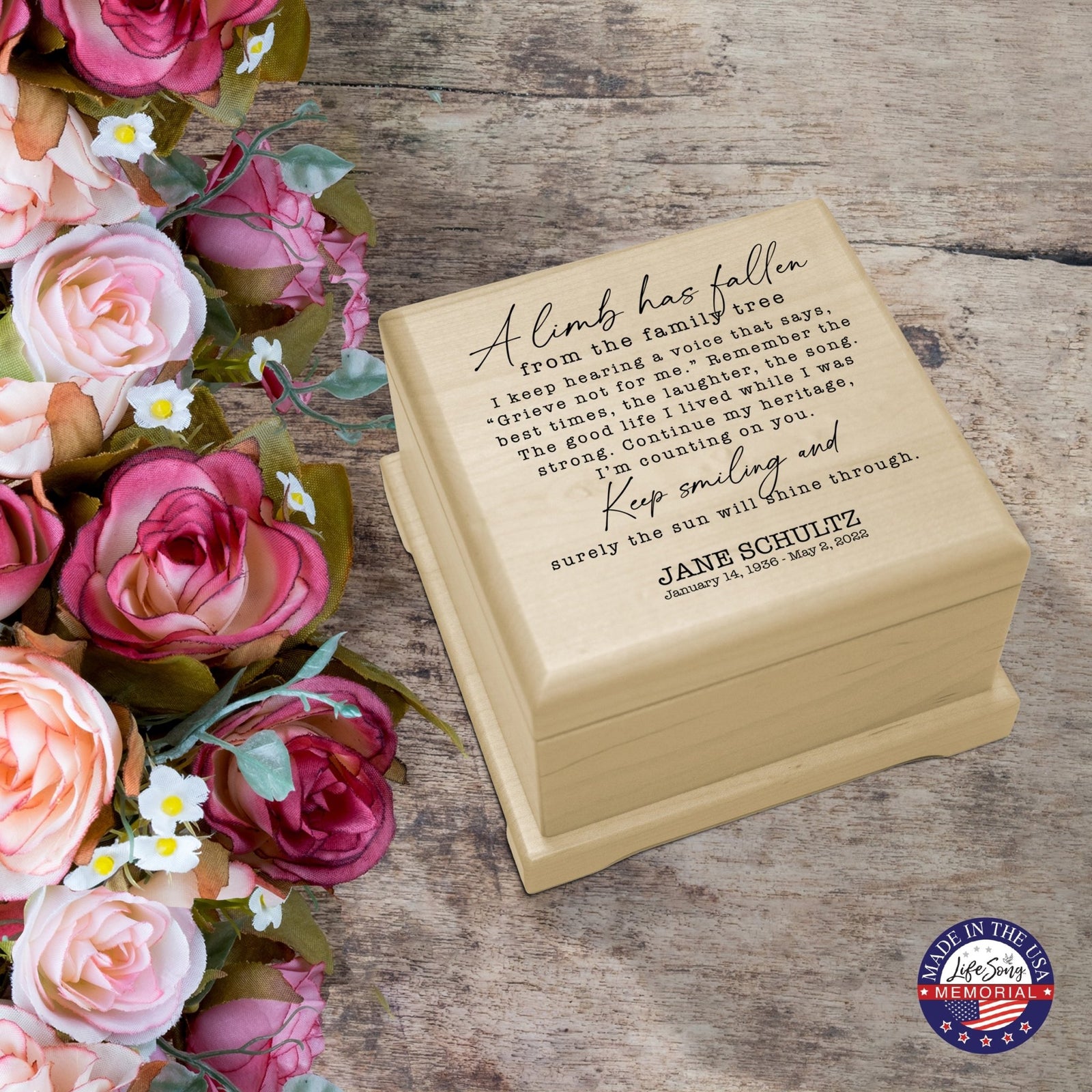 Personalized Memorial Cremation Wooden Keepsake Urn For Human Ashes - A Limb Has fallen - LifeSong Milestones