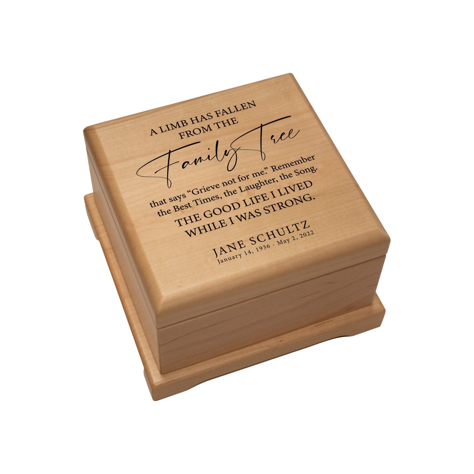Personalized Memorial Cremation Wooden Keepsake Urn For Human Ashes - A Limb Has fallen - LifeSong Milestones