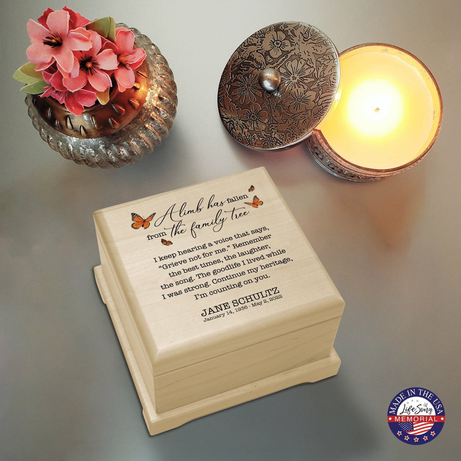 Personalized Memorial Cremation Wooden Keepsake Urn For Human Ashes - A Limb Has fallen - LifeSong Milestones