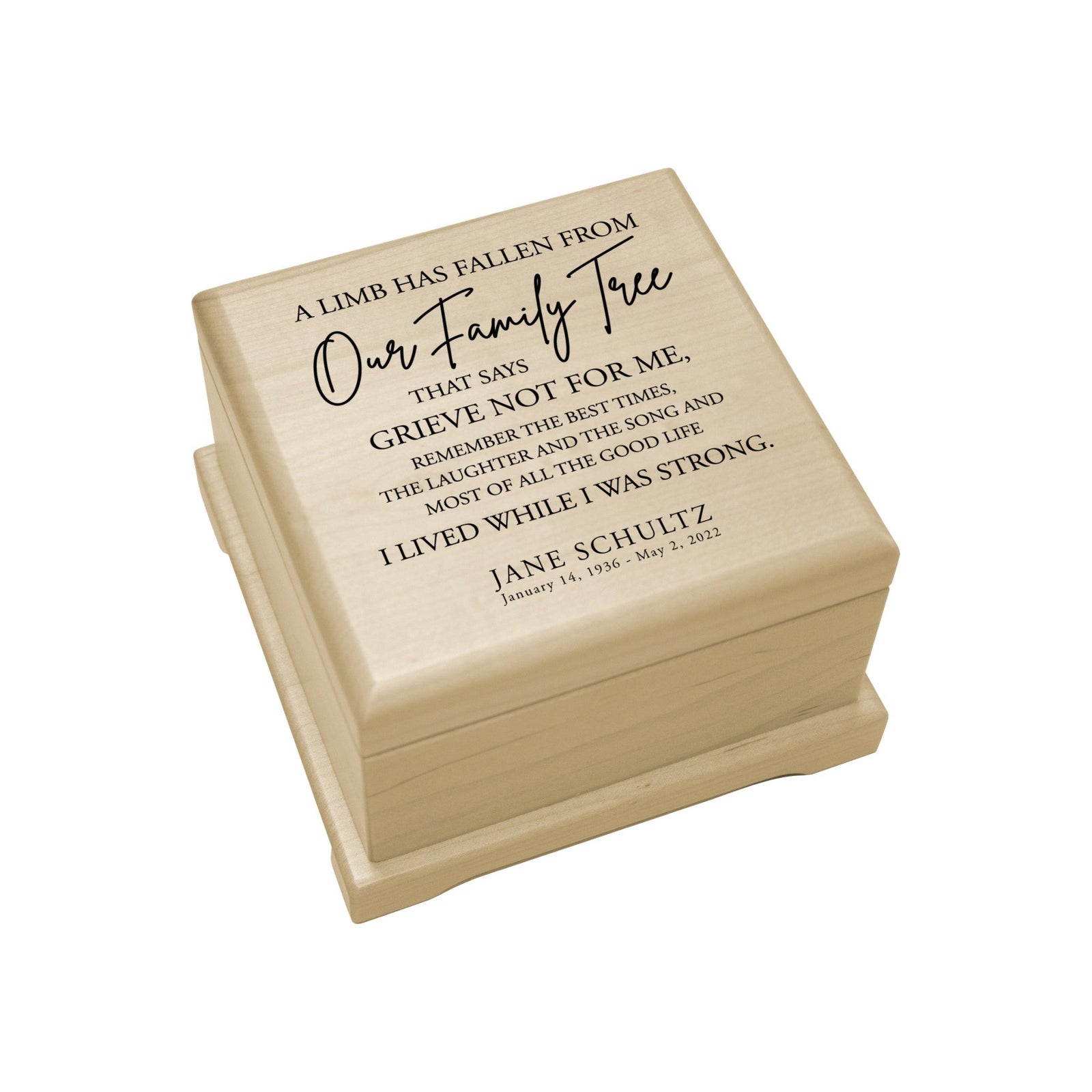 Personalized Memorial Cremation Wooden Keepsake Urn For Human Ashes - A Limb Has fallen - LifeSong Milestones