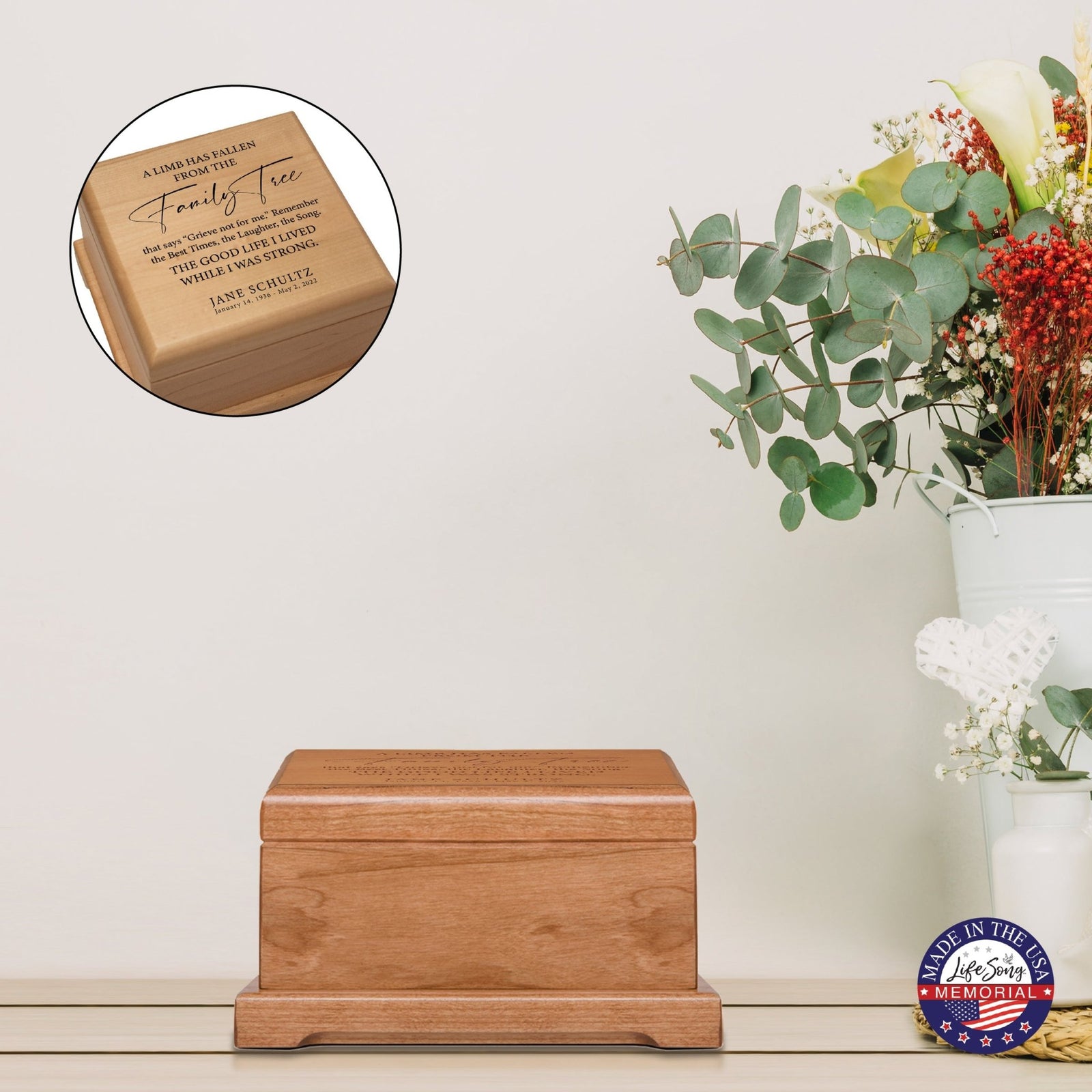 Personalized Memorial Cremation Wooden Keepsake Urn For Human Ashes - A Limb Has fallen - LifeSong Milestones
