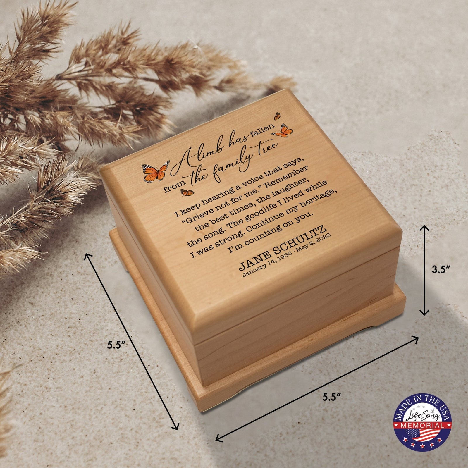 Personalized Memorial Cremation Wooden Keepsake Urn For Human Ashes - A Limb Has fallen - LifeSong Milestones