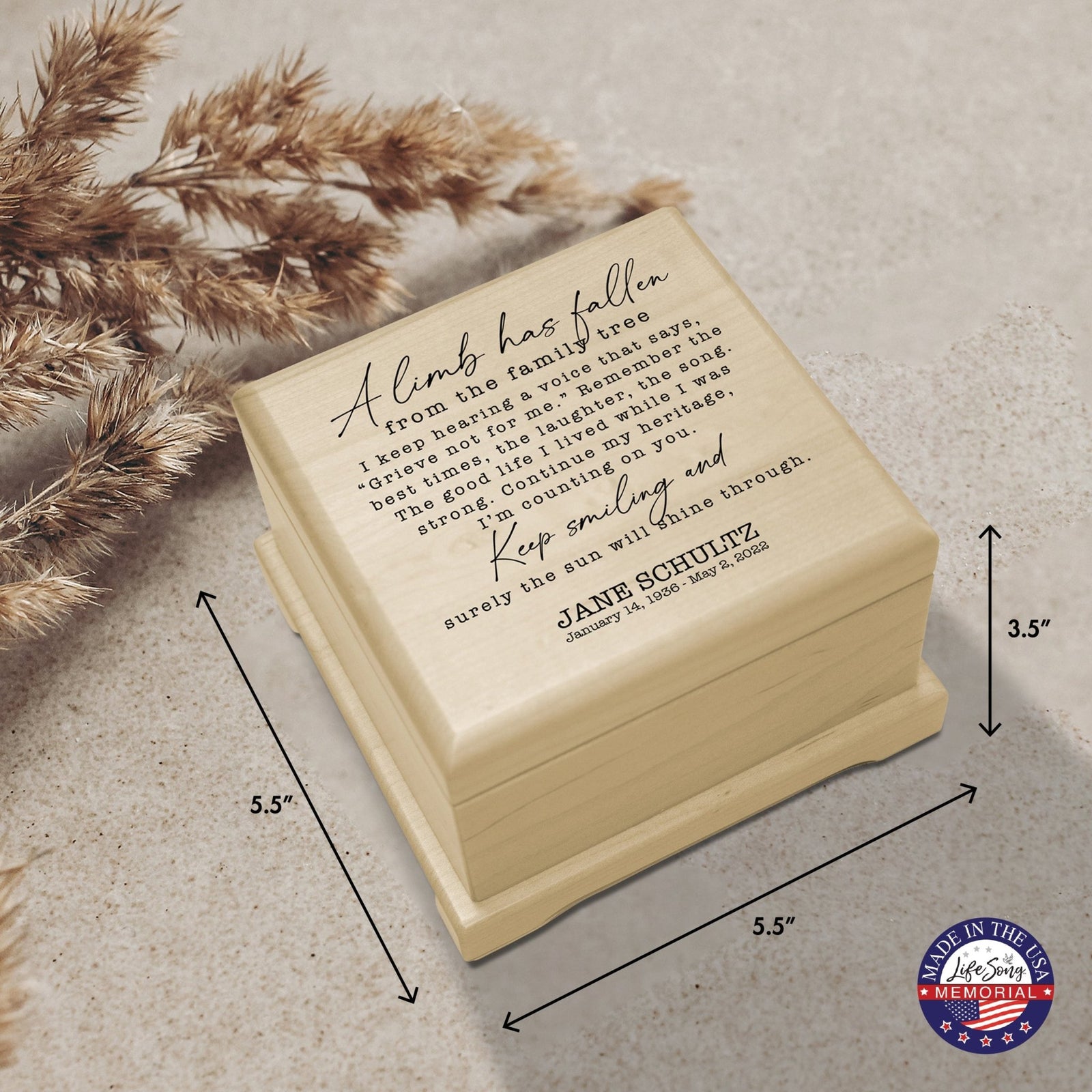 Personalized Memorial Cremation Wooden Keepsake Urn For Human Ashes - A Limb Has fallen - LifeSong Milestones