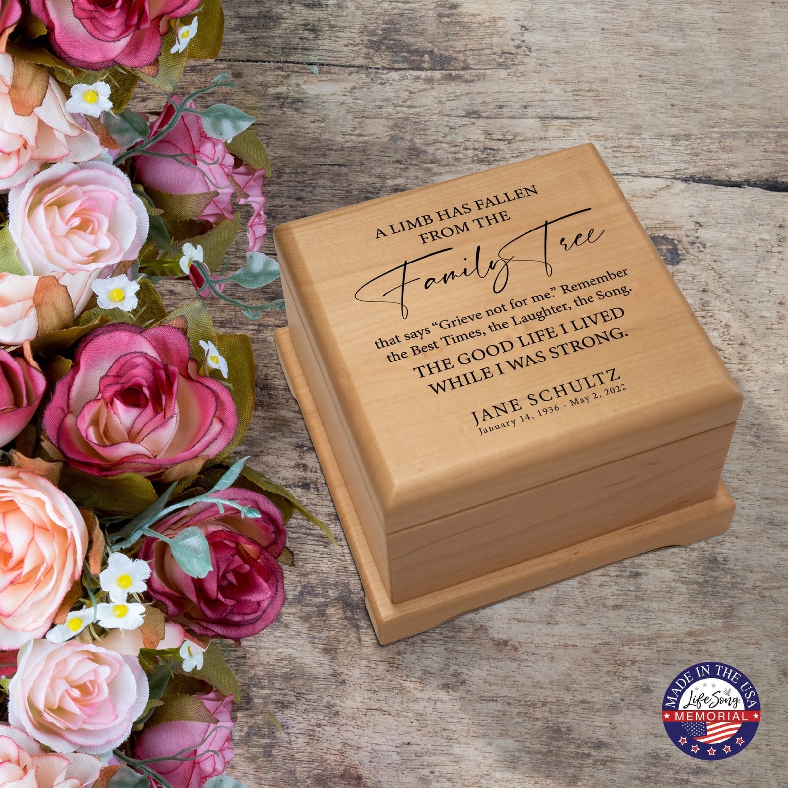 Personalized Memorial Cremation Wooden Keepsake Urn For Human Ashes - A Limb Has fallen - LifeSong Milestones