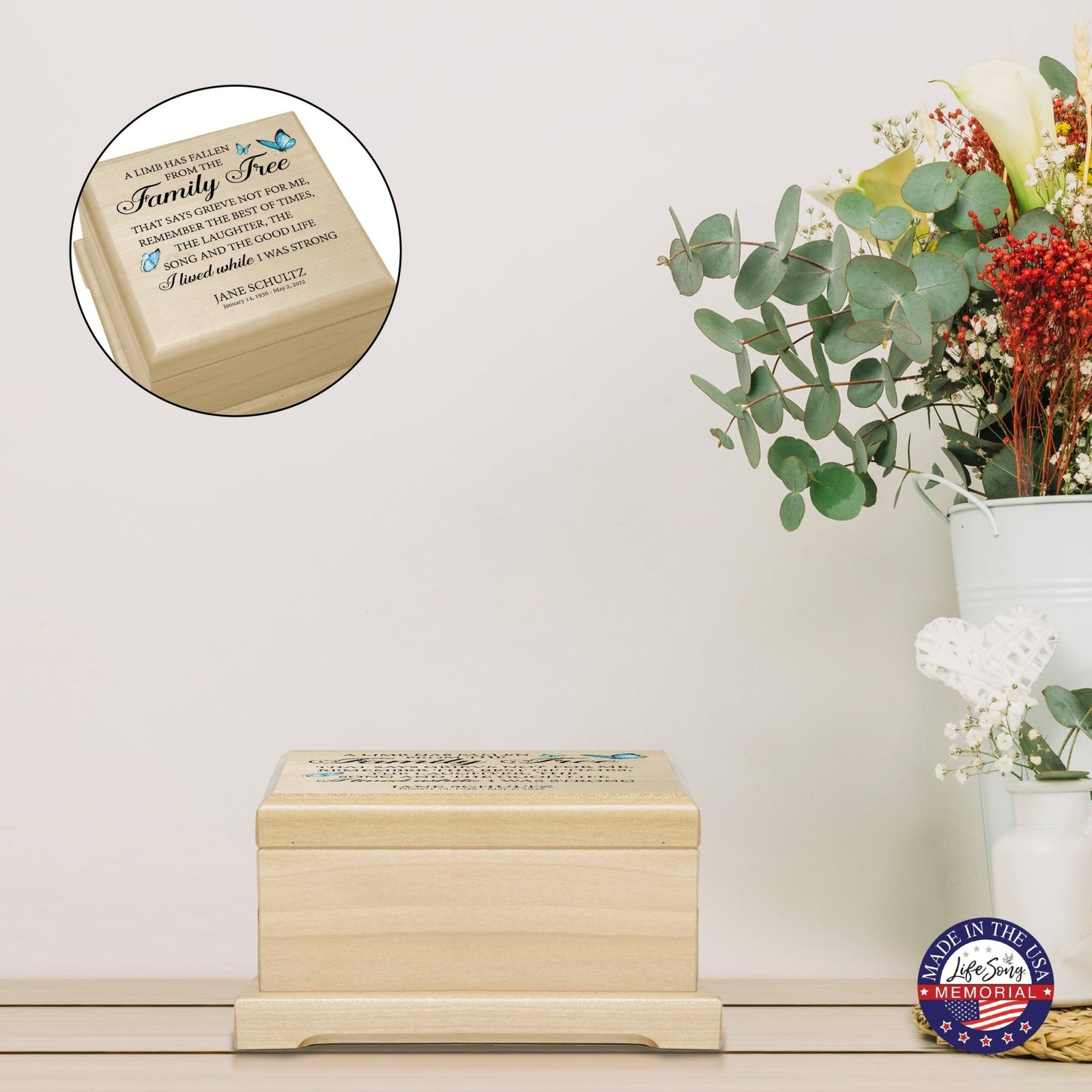 Personalized Memorial Cremation Wooden Keepsake Urn For Human Ashes - A Limb Has fallen - LifeSong Milestones