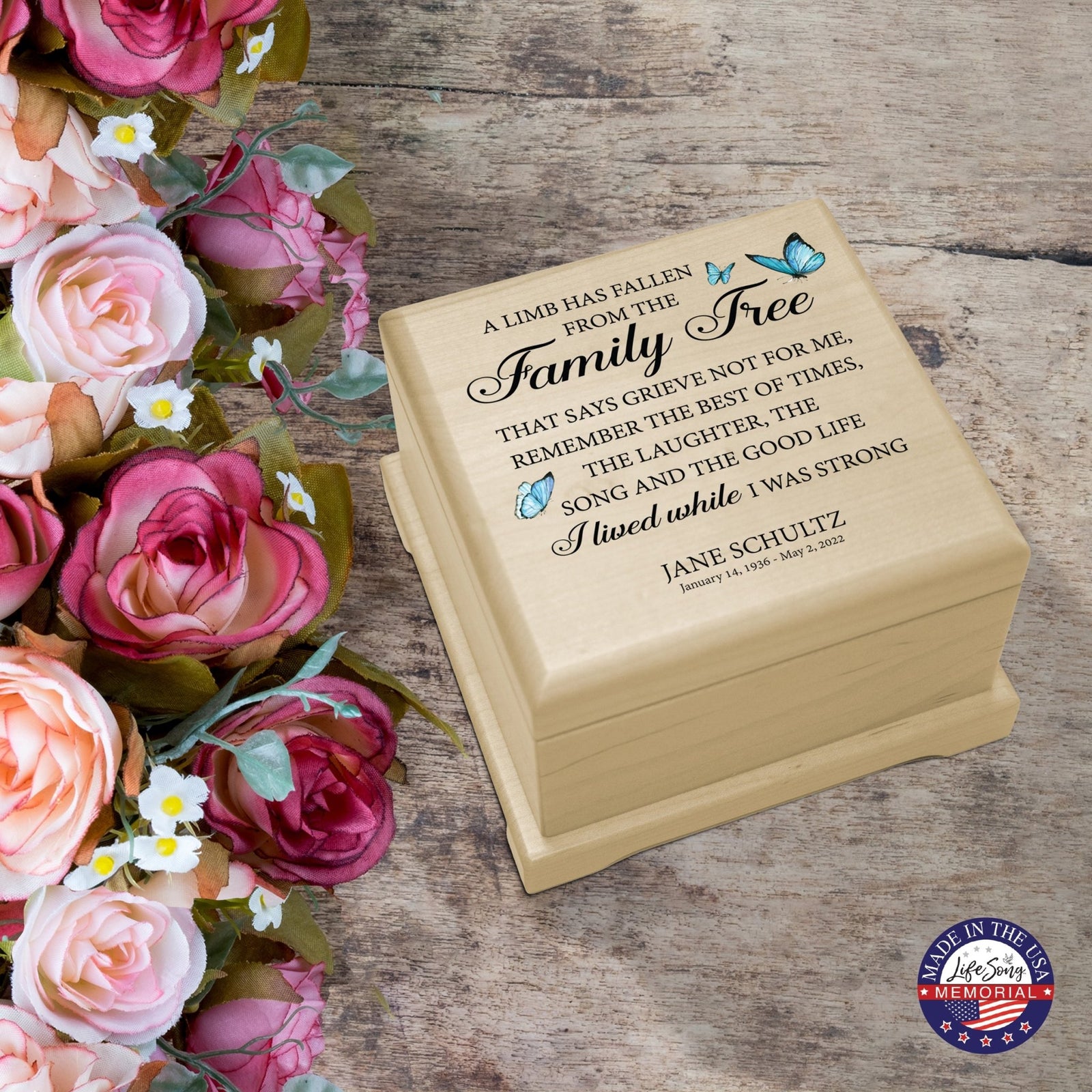 Personalized Memorial Cremation Wooden Keepsake Urn For Human Ashes - A Limb Has fallen - LifeSong Milestones