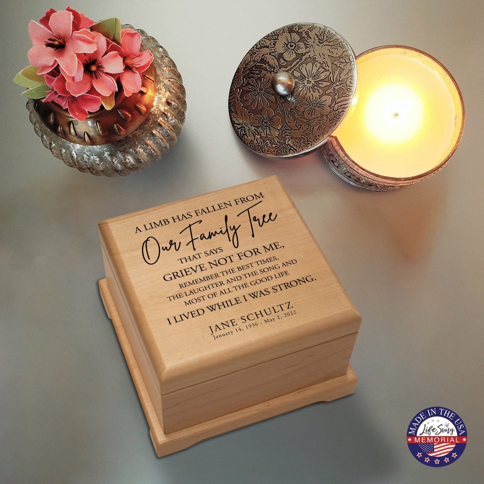 Personalized Memorial Cremation Wooden Keepsake Urn For Human Ashes - A Limb Has fallen - LifeSong Milestones