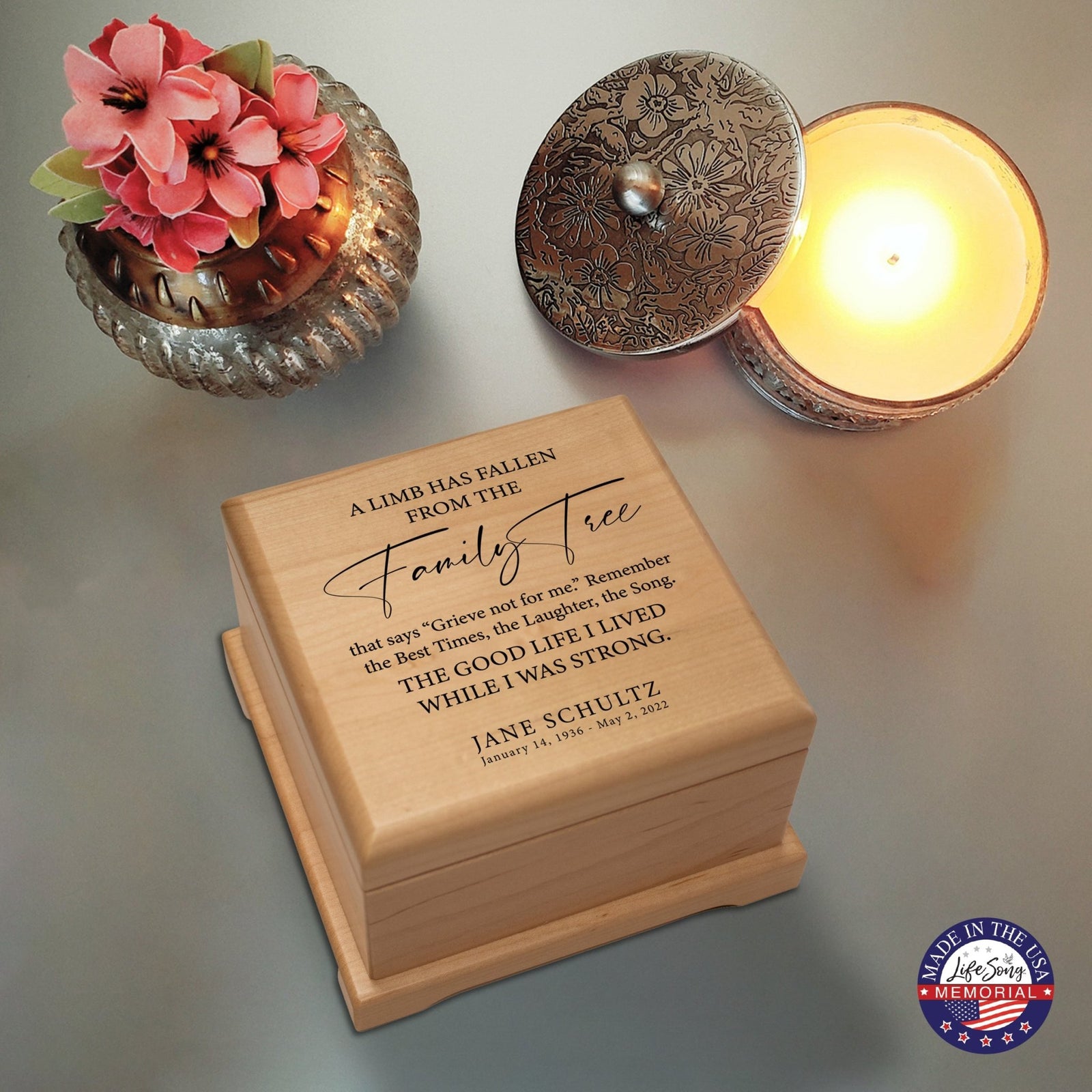 Personalized Memorial Cremation Wooden Keepsake Urn For Human Ashes - A Limb Has fallen - LifeSong Milestones