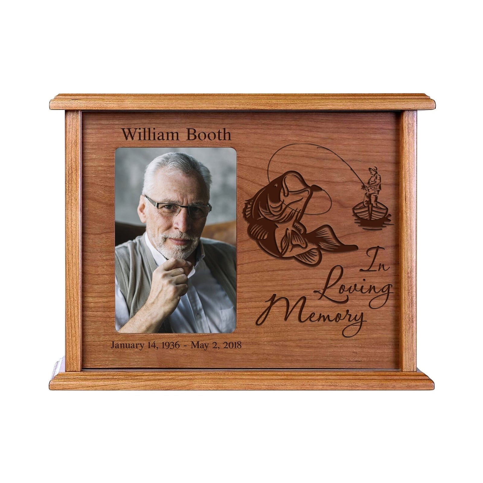 Personalized Memorial Cremation Wooden Urn Box with 4x6 Photo holds 200 cu in In Loving Memory (fish) - LifeSong Milestones