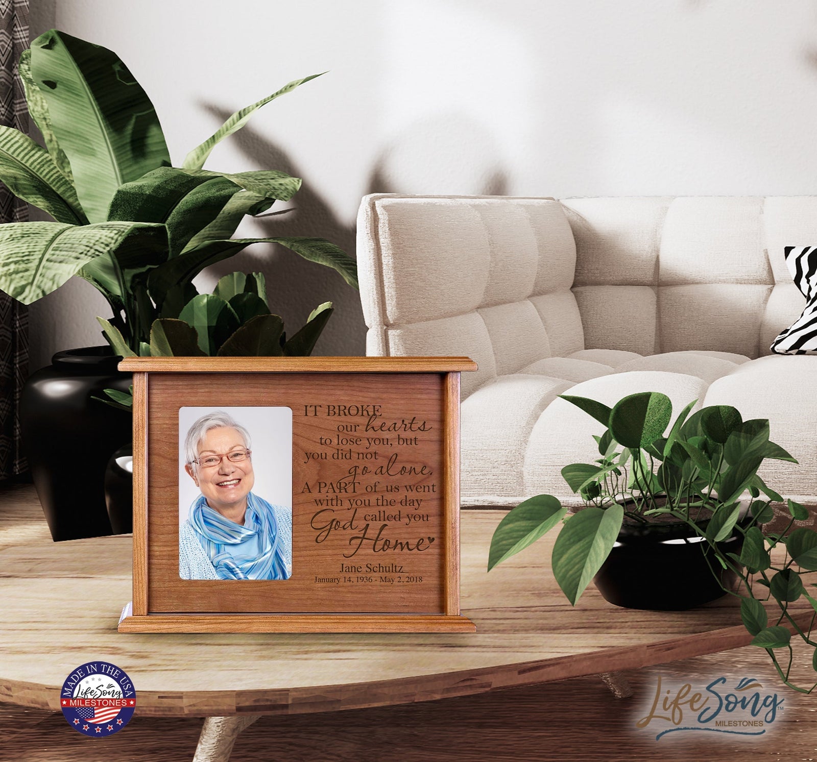 Personalized Memorial Cremation Wooden Urn Box with 4x6 Photo holds 200 cu in It Broke Our Hearts - LifeSong Milestones