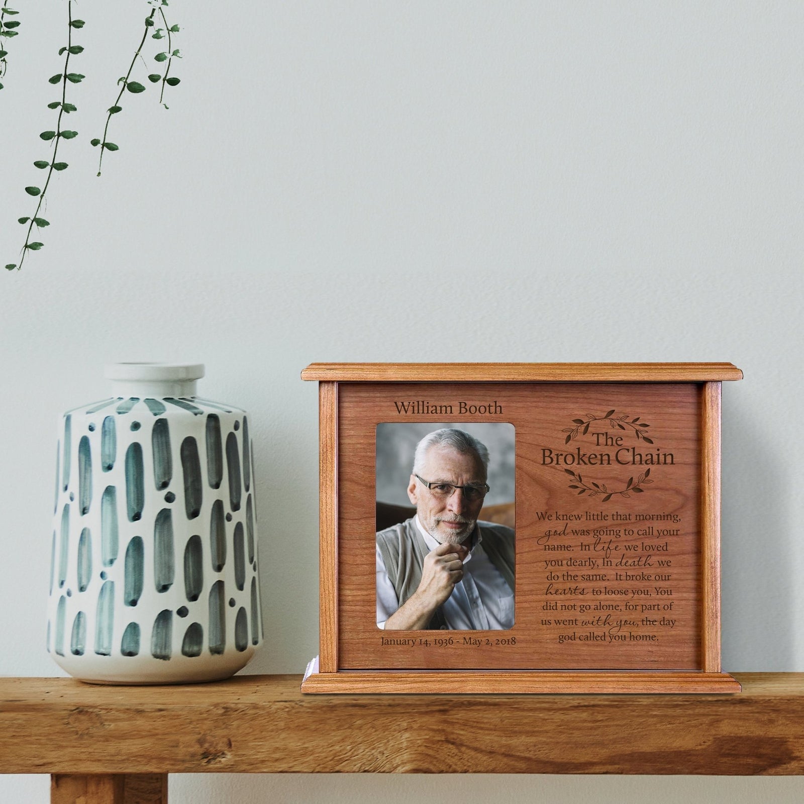 Personalized Memorial Cremation Wooden Urn Box with 4x6 Photo holds 200 cu in The Broken Chain (wreath) - LifeSong Milestones