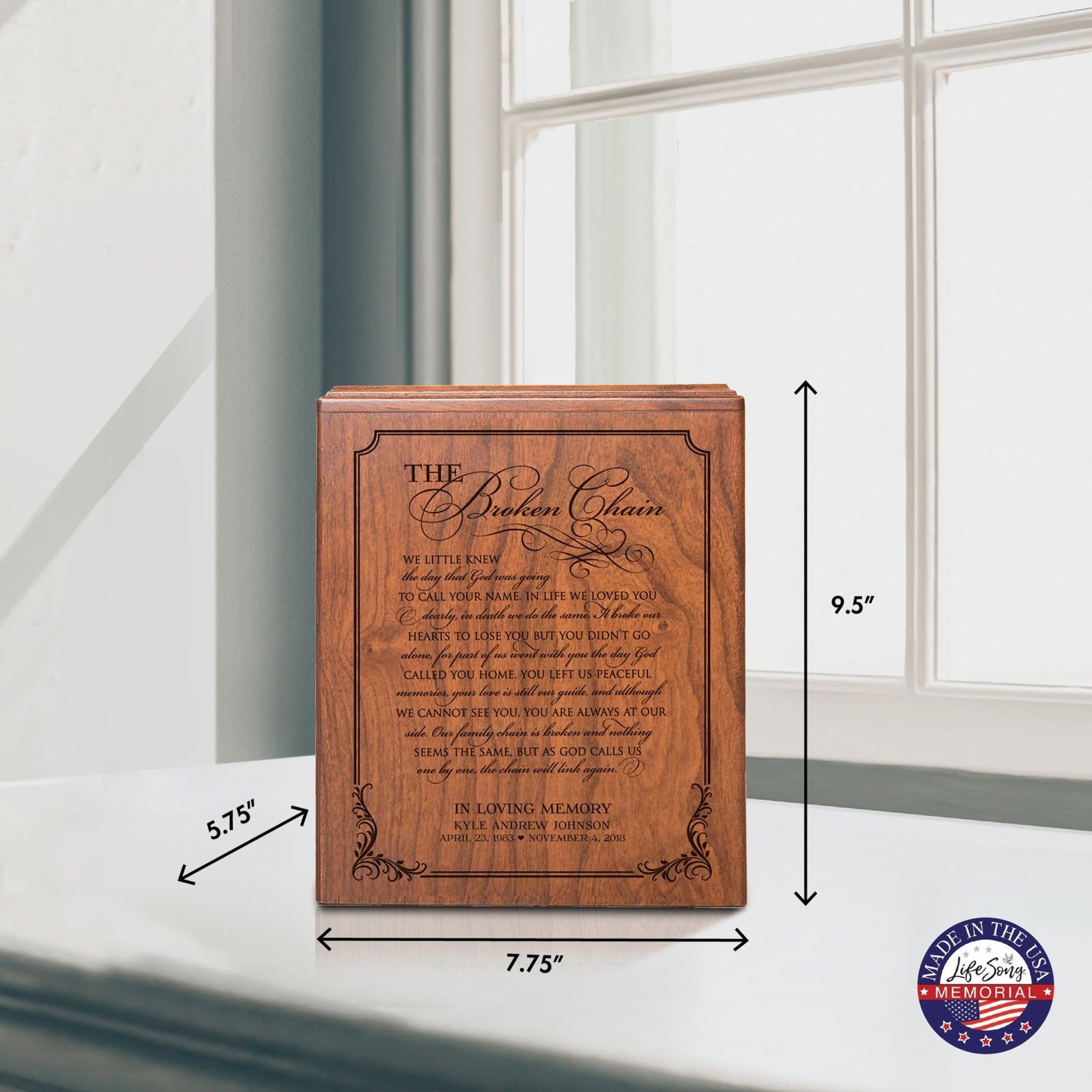 Personalized Memorial Horizontal Cremation Urn For Adult Ashes - The Broken Chain - LifeSong Milestones