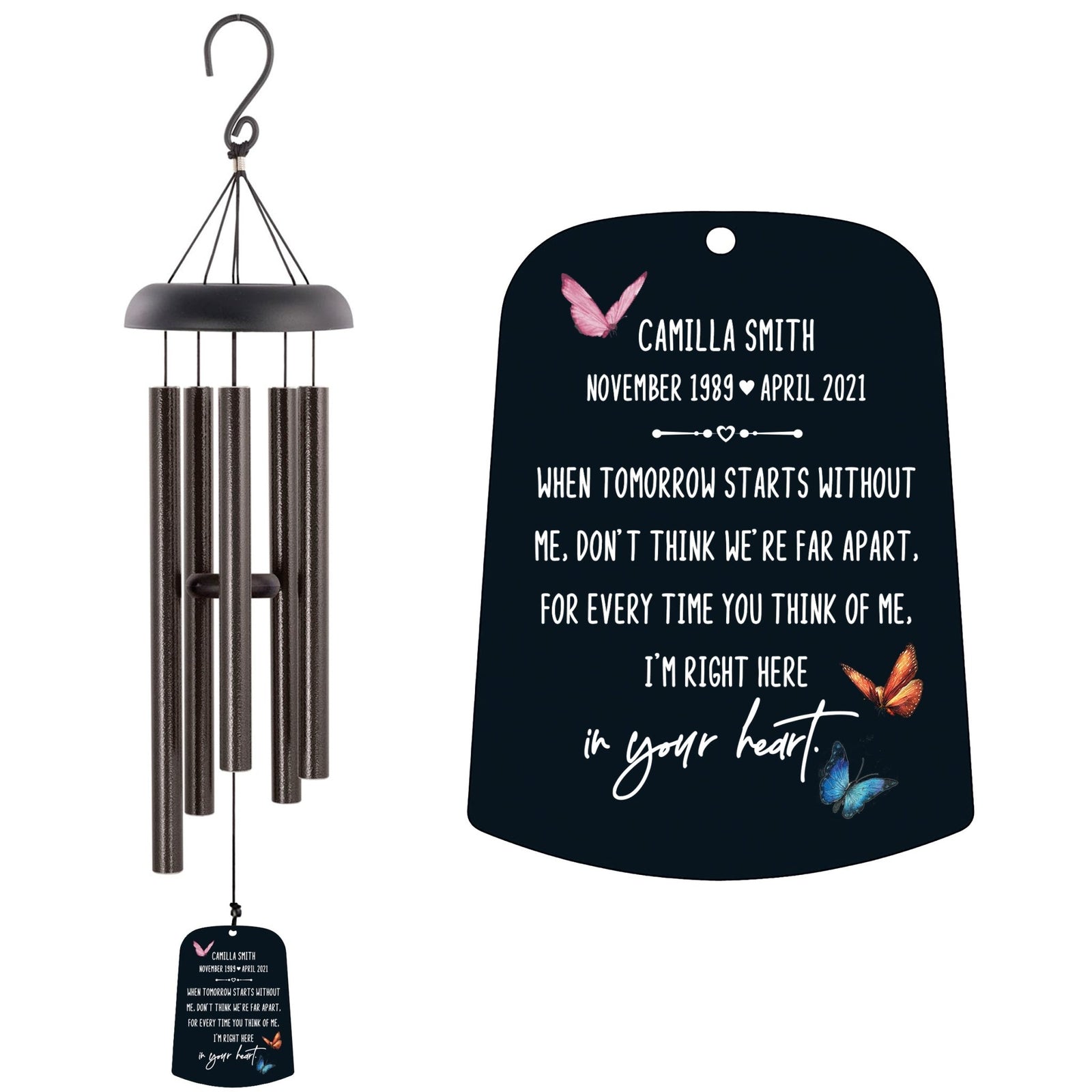Personalized Memorial Wind Chime Sail Sympathy Gift - When Tomorrow Starts (butterflies) - LifeSong Milestones