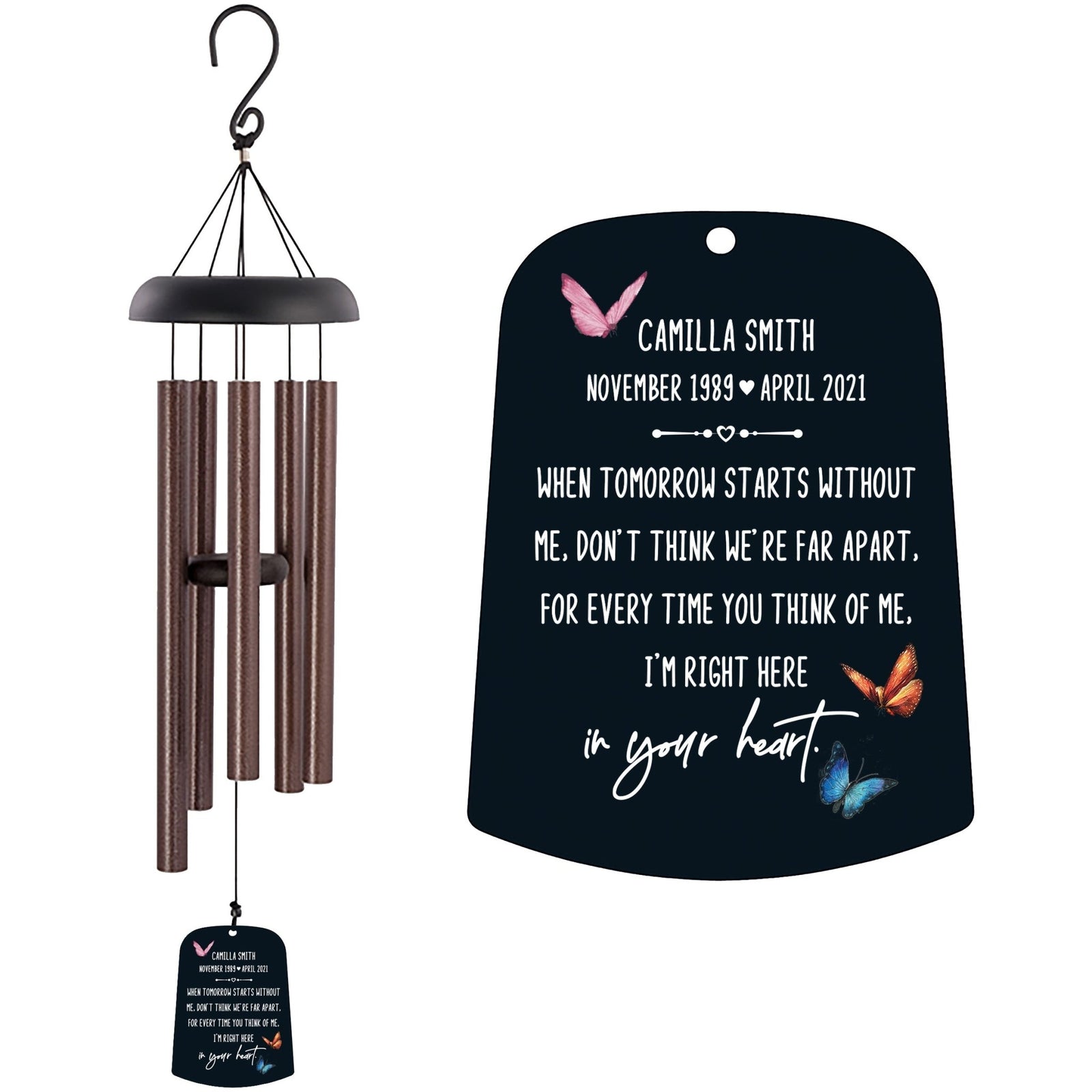Personalized Memorial Wind Chime Sail Sympathy Gift - When Tomorrow Starts (butterflies) - LifeSong Milestones
