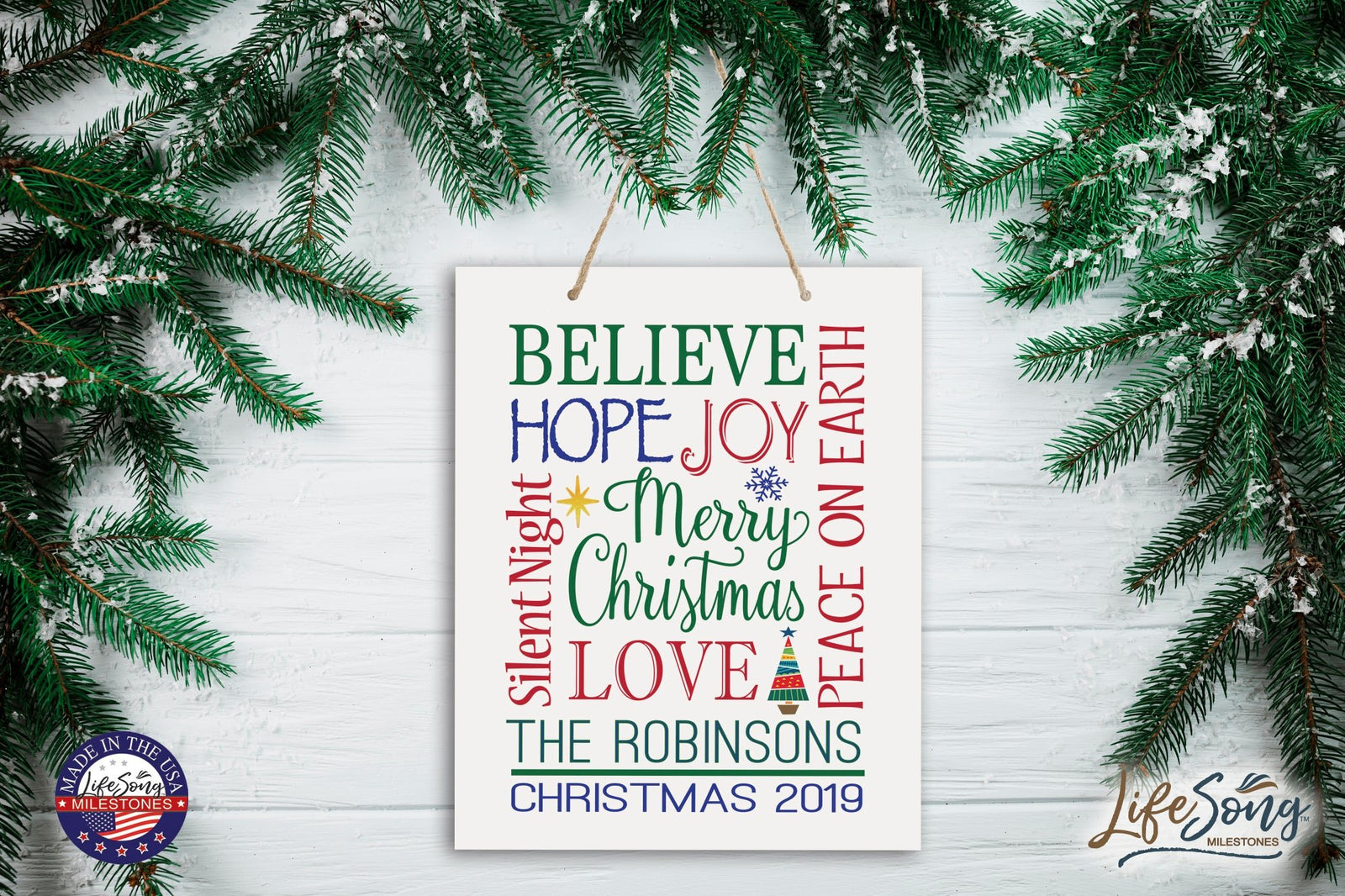 Personalized Merry Christmas Hanging Sign - Believe Hope Joy - LifeSong Milestones