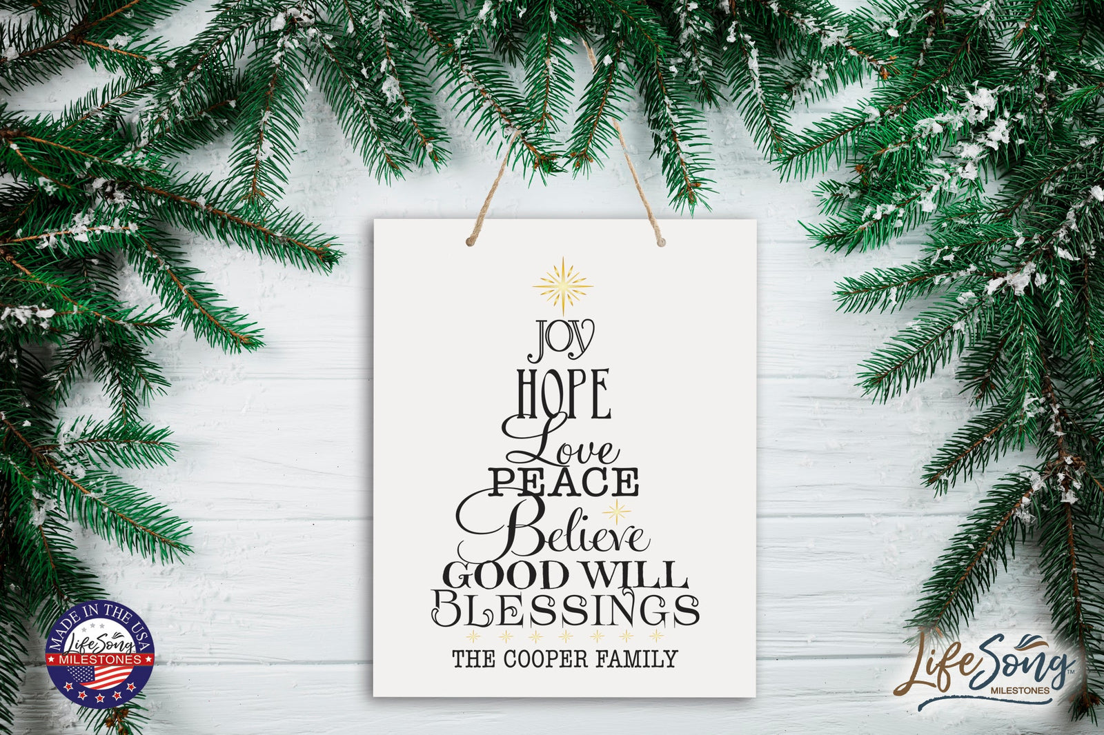 Personalized Merry Christmas Hanging Sign - Joy Hope Love - LifeSong Milestones