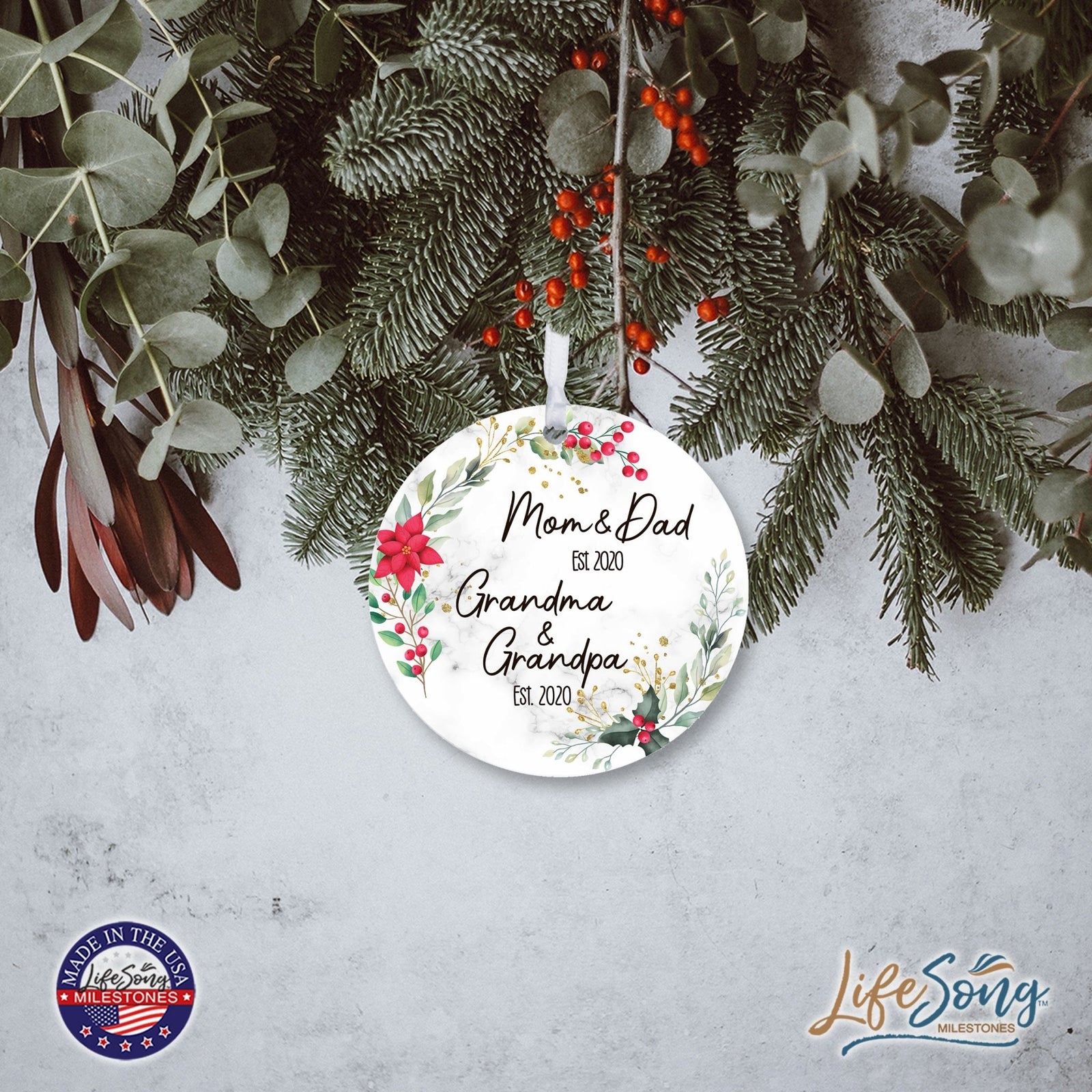 Personalized Modern 2.75in Christmas Round White Ornament for Grandparents - Mom & Dad - LifeSong Milestones