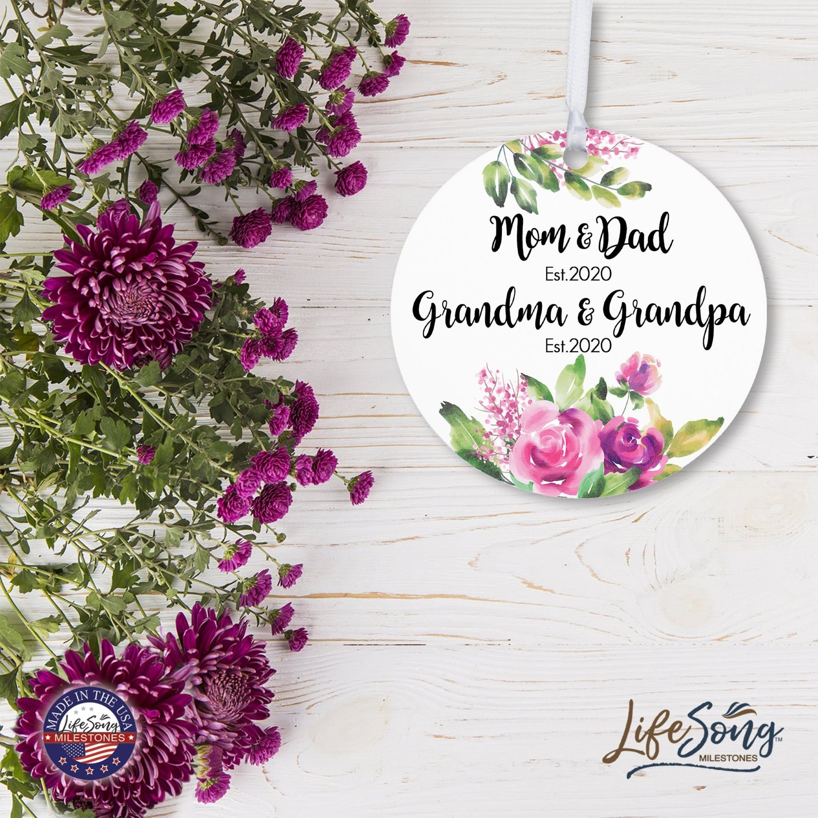 Personalized Modern 2.75in Christmas Round White Ornament for Grandparents - Mom & Dad - LifeSong Milestones