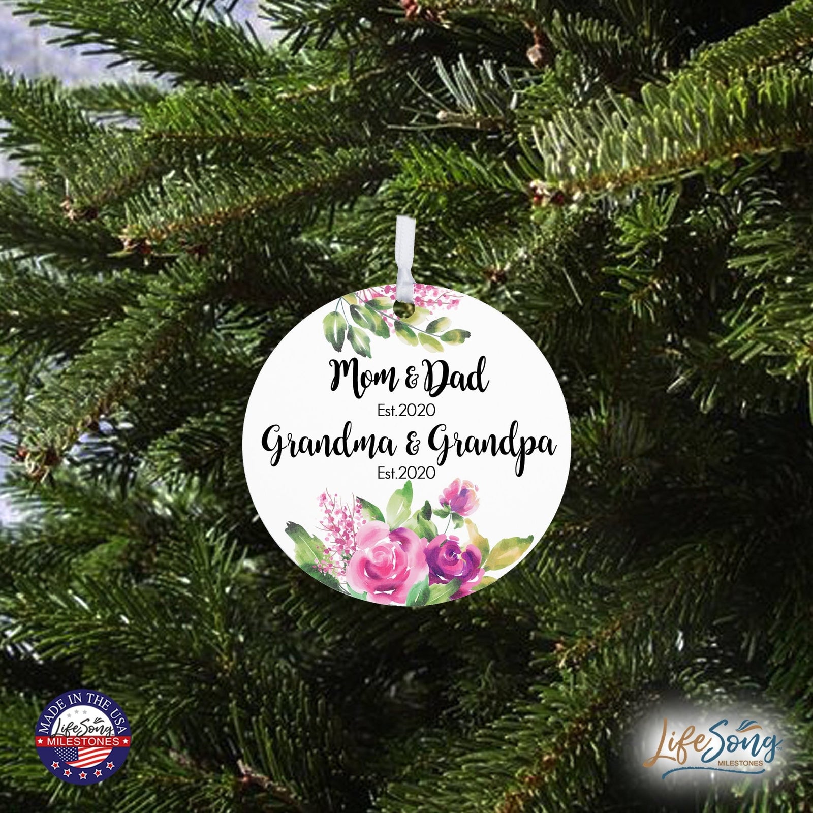 Personalized Modern 2.75in Christmas Round White Ornament for Grandparents - Mom & Dad - LifeSong Milestones