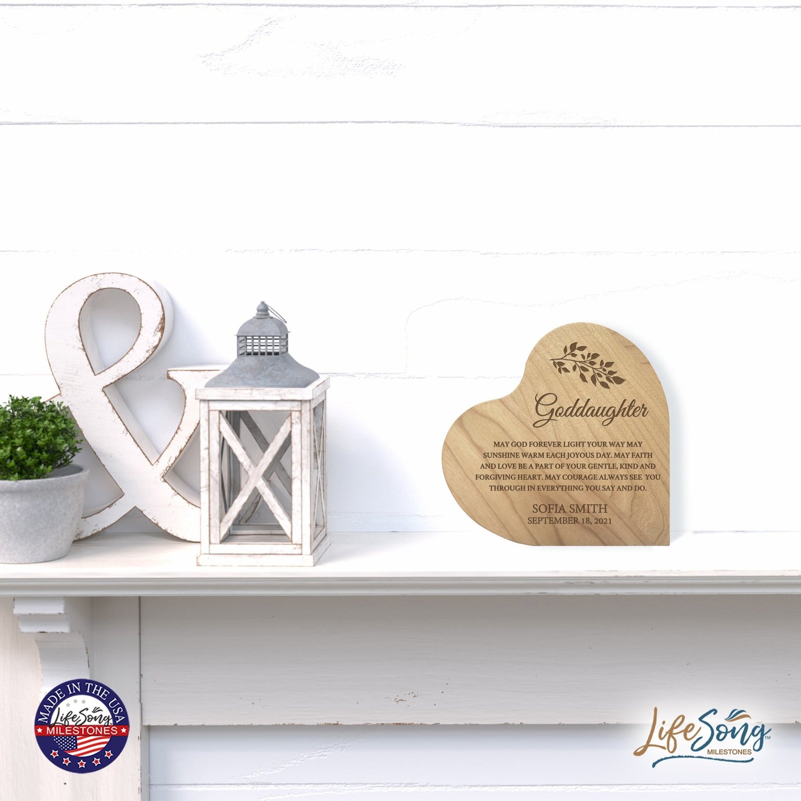 Personalized Modern Goddaughter’s Love Solid Wood Heart Decoration With Inspirational Verse Keepsake Gift 5x5.25 - May God Forever - LifeSong Milestones