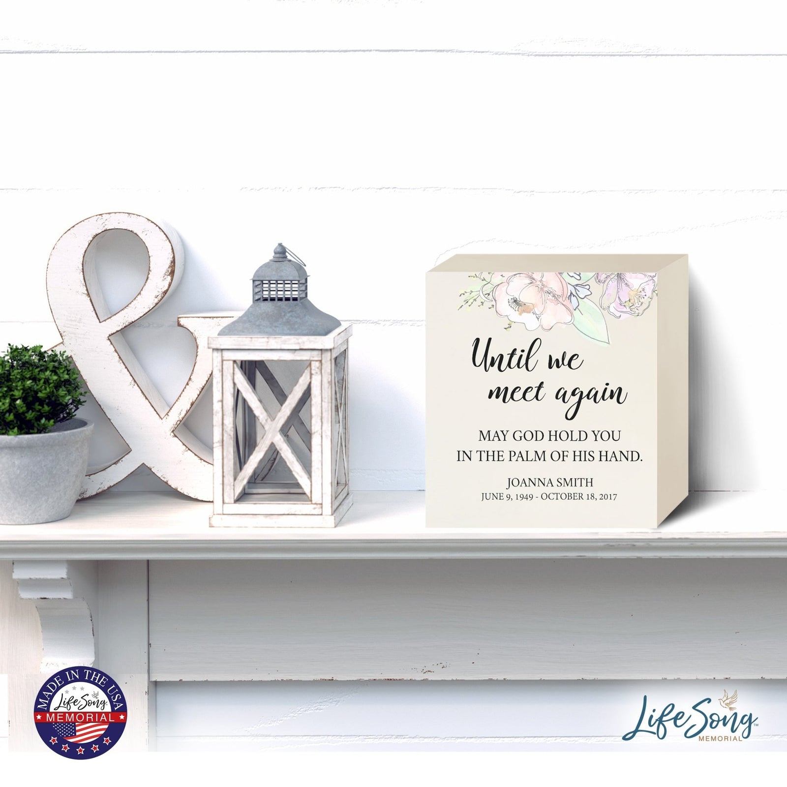 Personalized Modern Inspirational Memorial Wooden Shadow Box and Urn 10x10 holds 189 cu in of Human Ashes - Until We Meet Again (Palm) - LifeSong Milestones