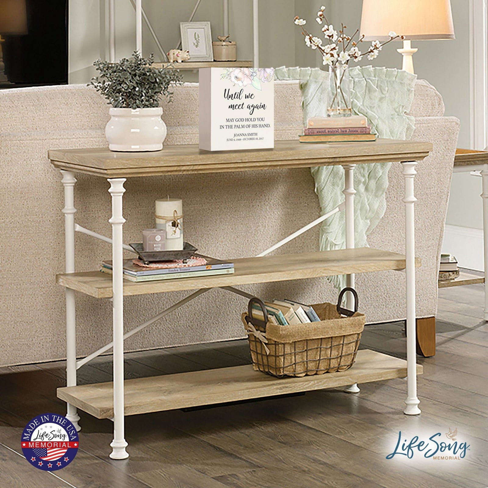 Personalized Modern Inspirational Memorial Wooden Shadow Box and Urn 10x10 holds 189 cu in of Human Ashes - Until We Meet Again (Palm) - LifeSong Milestones