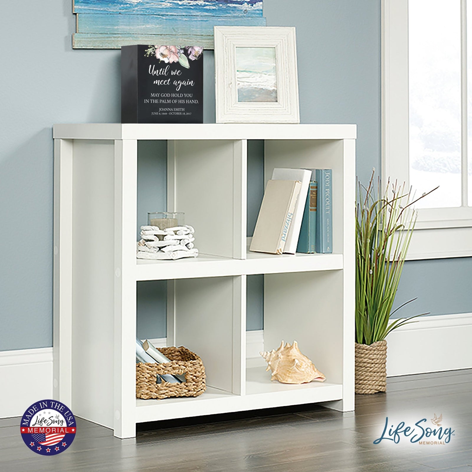 Personalized Modern Inspirational Memorial Wooden Shadow Box and Urn 10x10 holds 189 cu in of Human Ashes - Until We Meet Again (Palm) - LifeSong Milestones